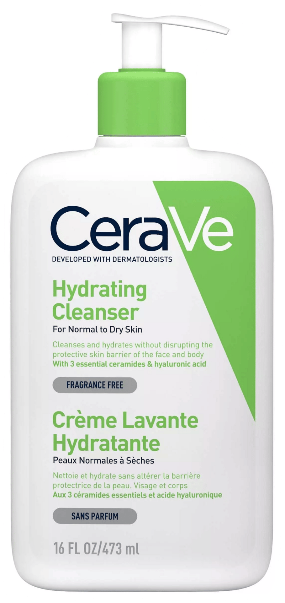 White CeraVe Hydrating Cleanser bottle with green pump, 473ml, for normal to dry skin.