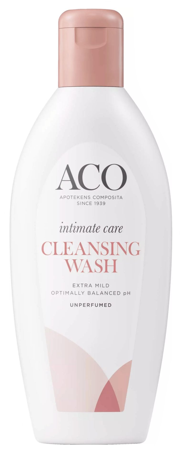 White ACO intimate care Cleansing Wash bottle with pink cap. Unperfumed, extra mild.
