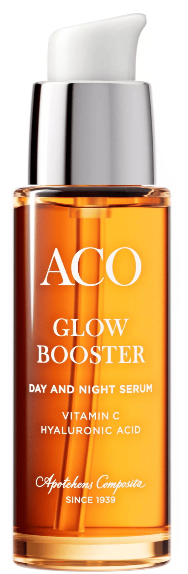 ACO GLOW BOOSTER serum bottle with amber liquid, Vitamin C, and Hyaluronic Acid.