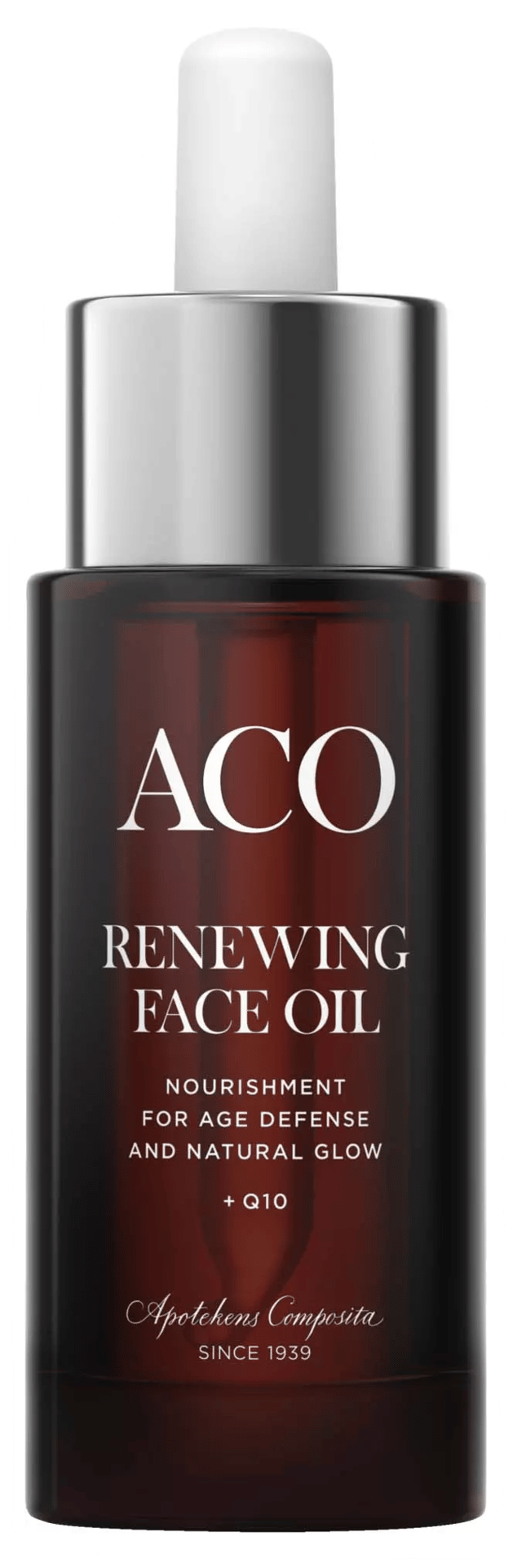 ACO Renewing Face Oil with Q10 for age defense and natural glow, in a dark bottle.