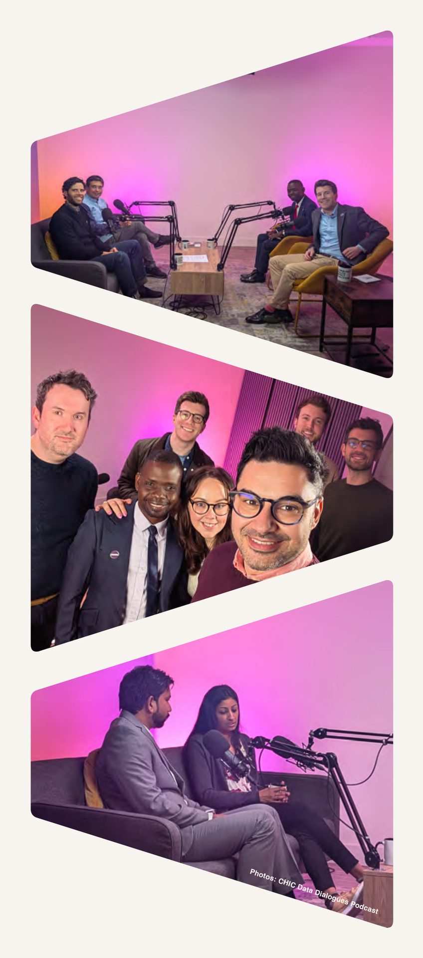 Three panels showing diverse groups of people recording podcast episodes in a studio with microphones.