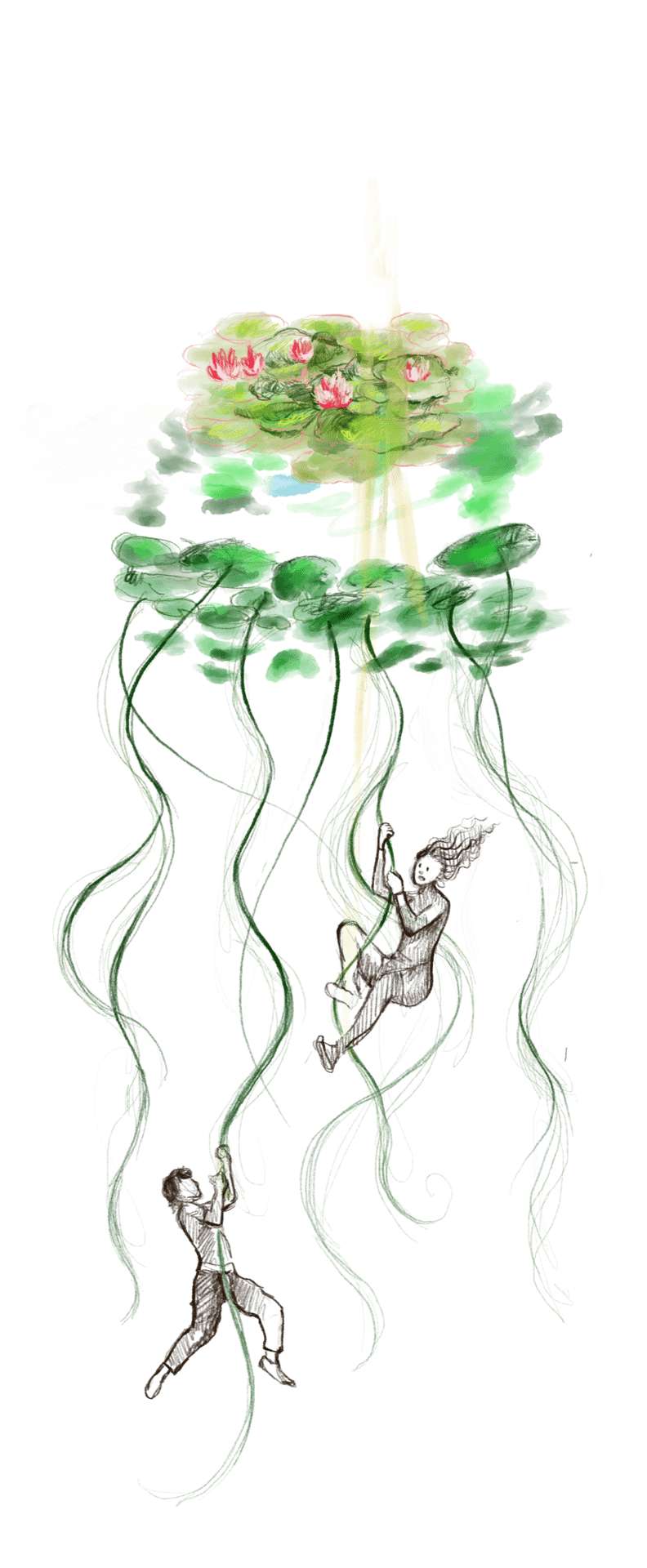 Two figures climb tangled green vines under pink water lilies, bathed in a yellow light.