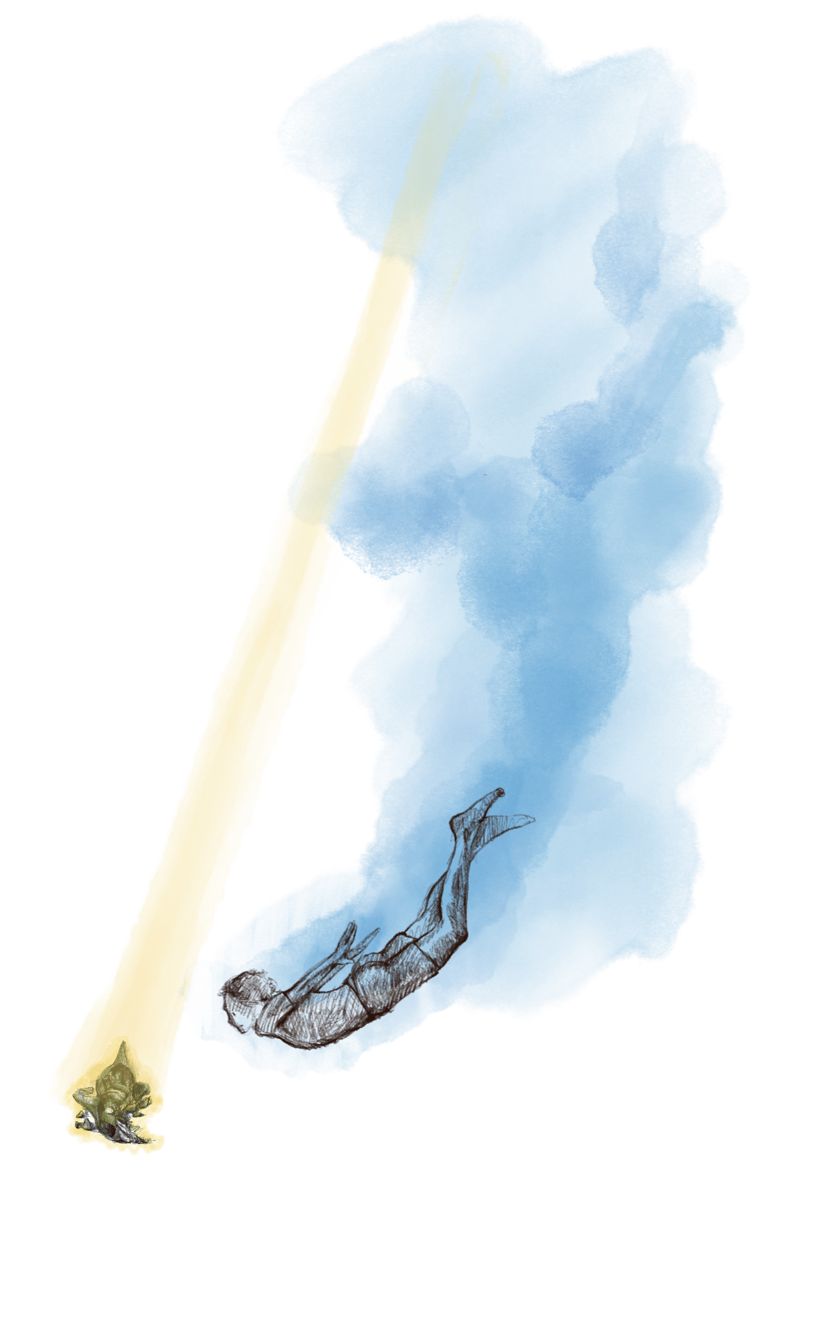 Diver in blue water, yellow light beam on a dark object.