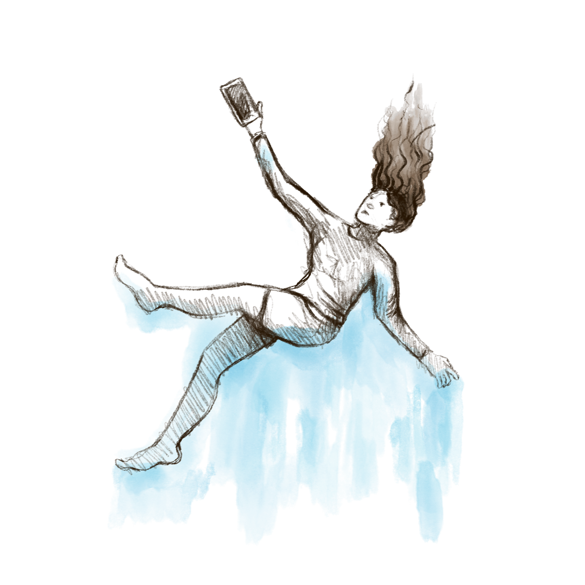 A person with curly hair, holding a phone, floating on a blue shape against a green background.