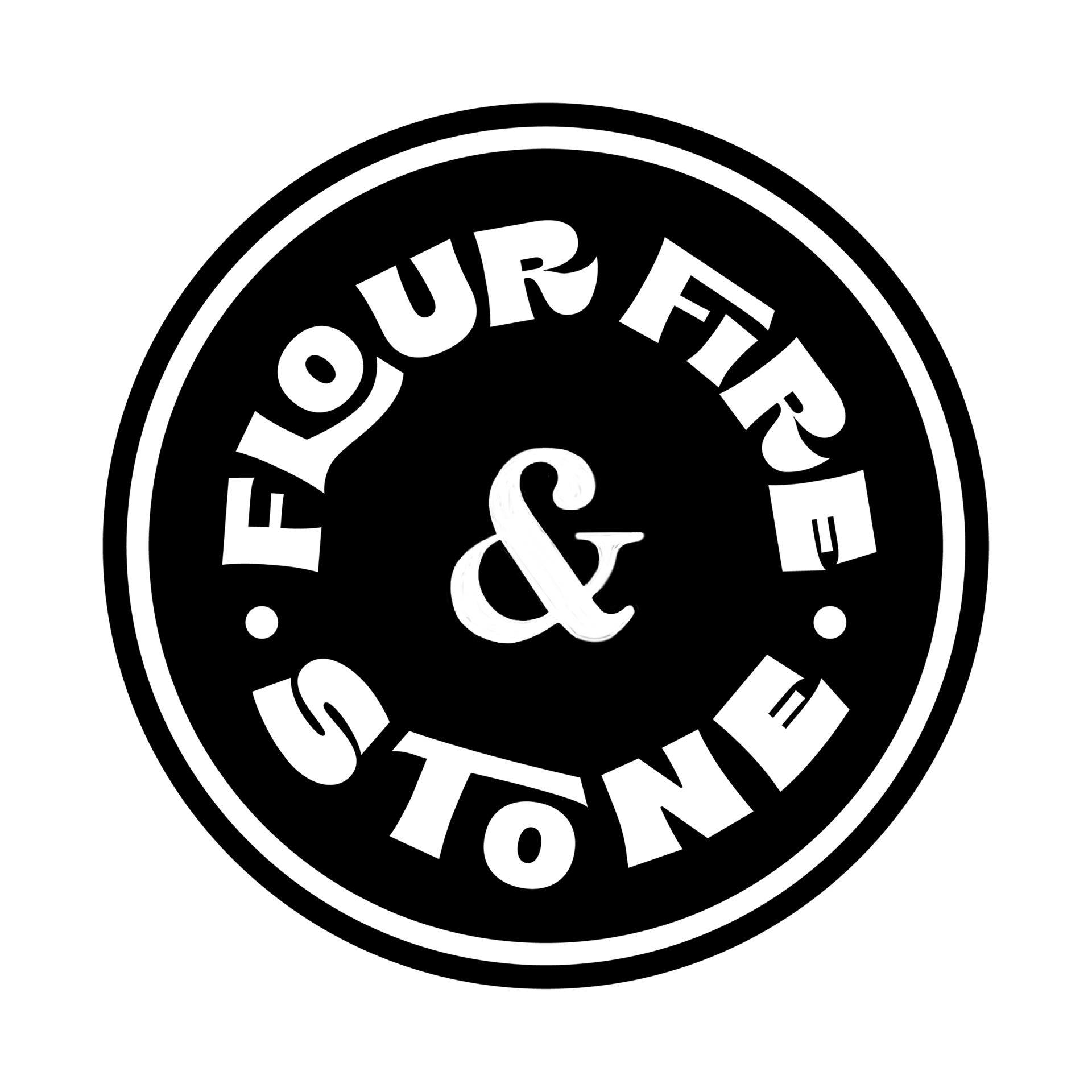 Circular logo: 'FLOUR FIRE & STONE' in white on black with a green border.
