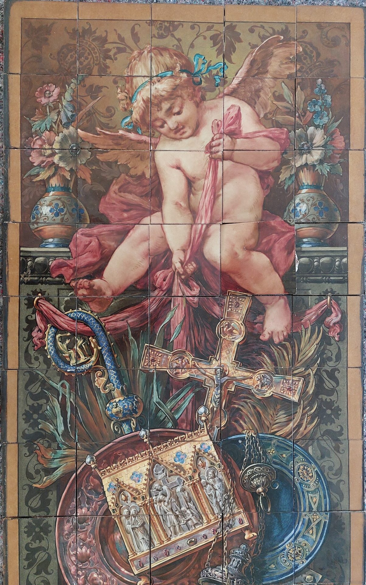 Art tiles: cherub, crucifix, bishop's crozier, reliquary, censer, and floral vases.