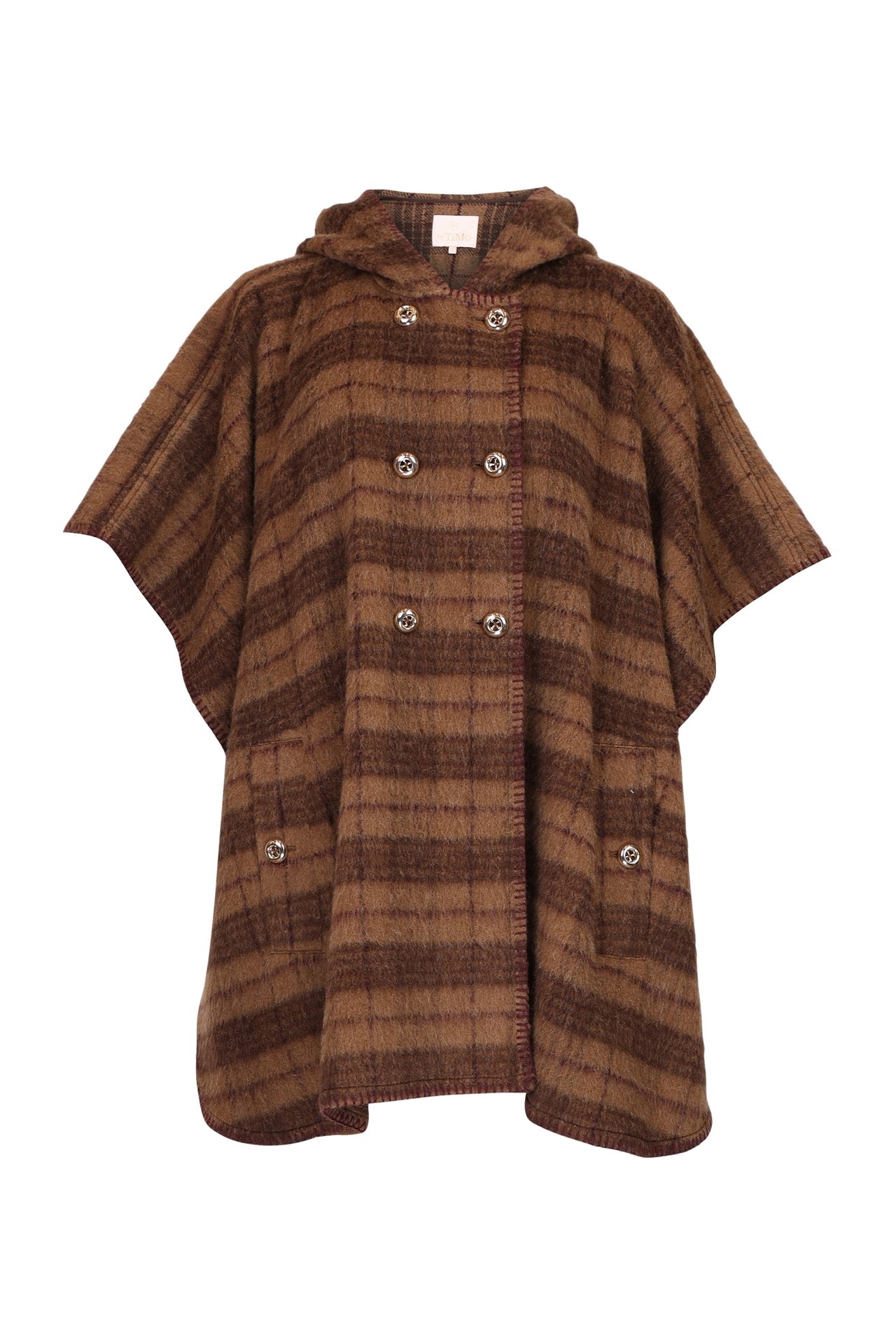 Brown hooded plaid poncho with double-breasted silver buttons and front pockets.