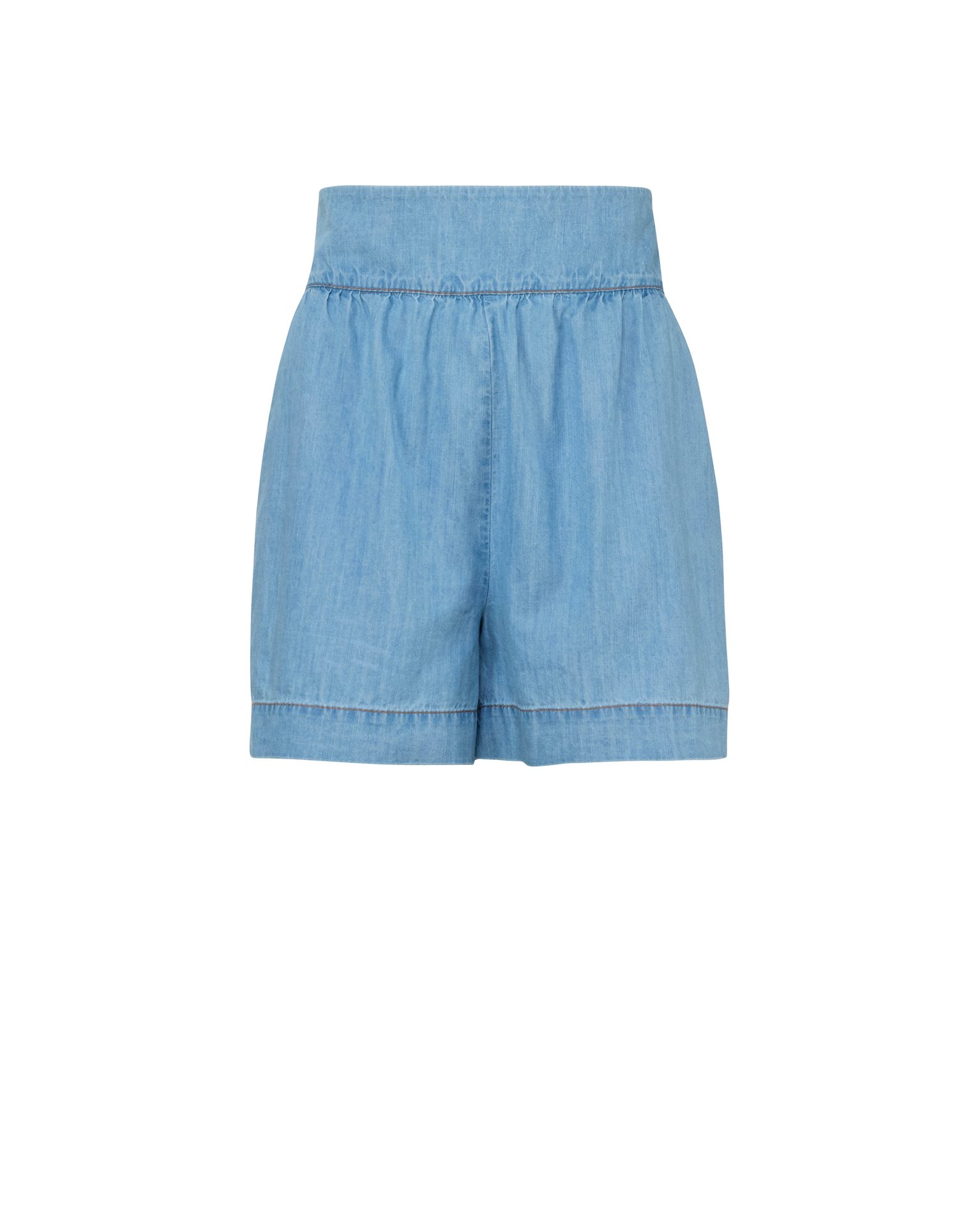 Light blue chambray shorts with a high, elastic waist.
