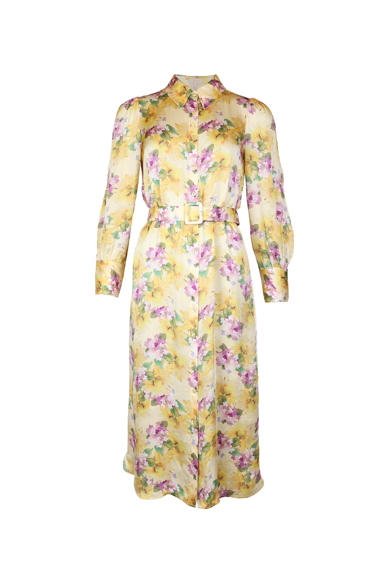 Yellow floral midi shirt dress with long sleeves and a matching belt.