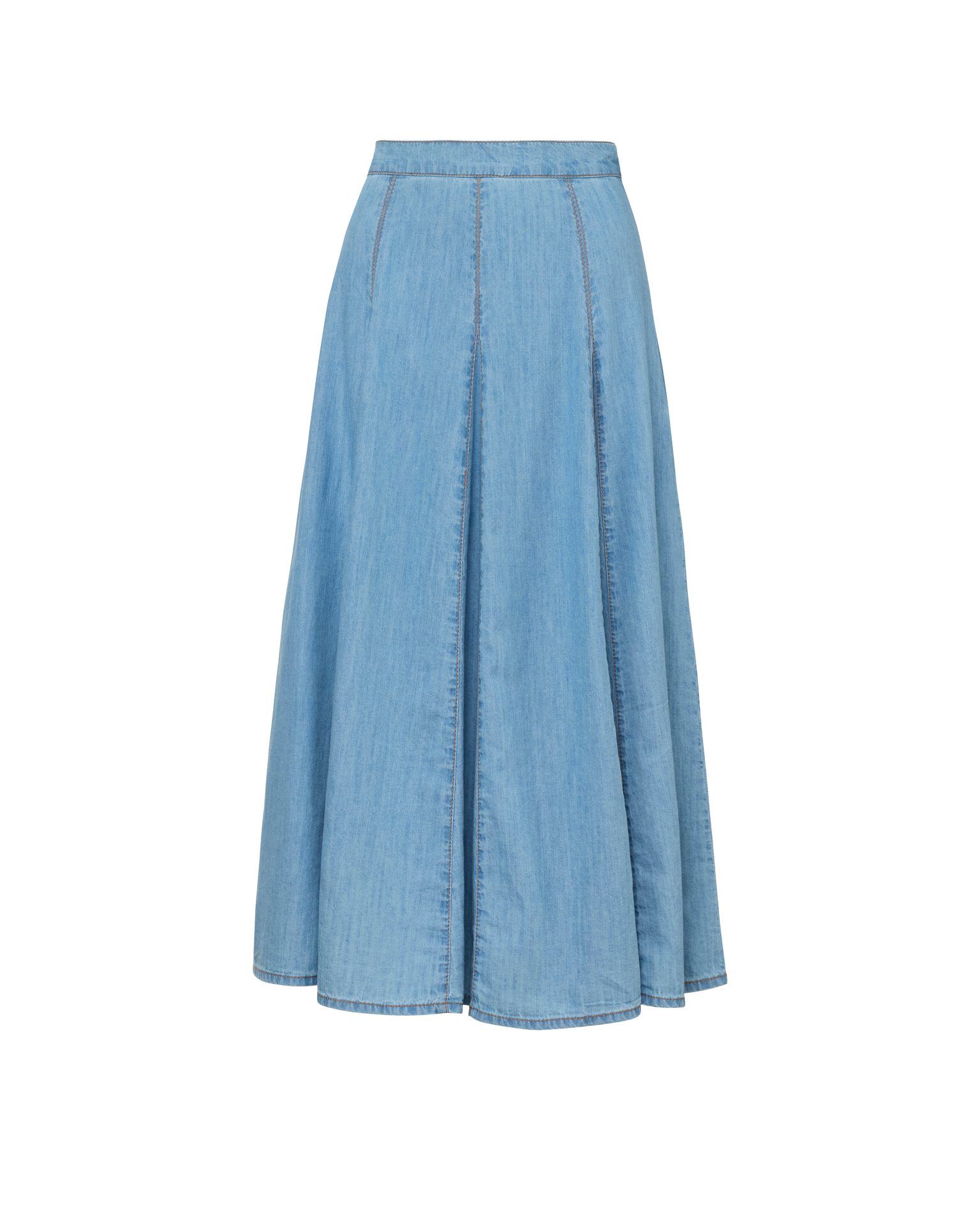 Light blue denim midi skirt with an A-line silhouette and visible panel seams.
