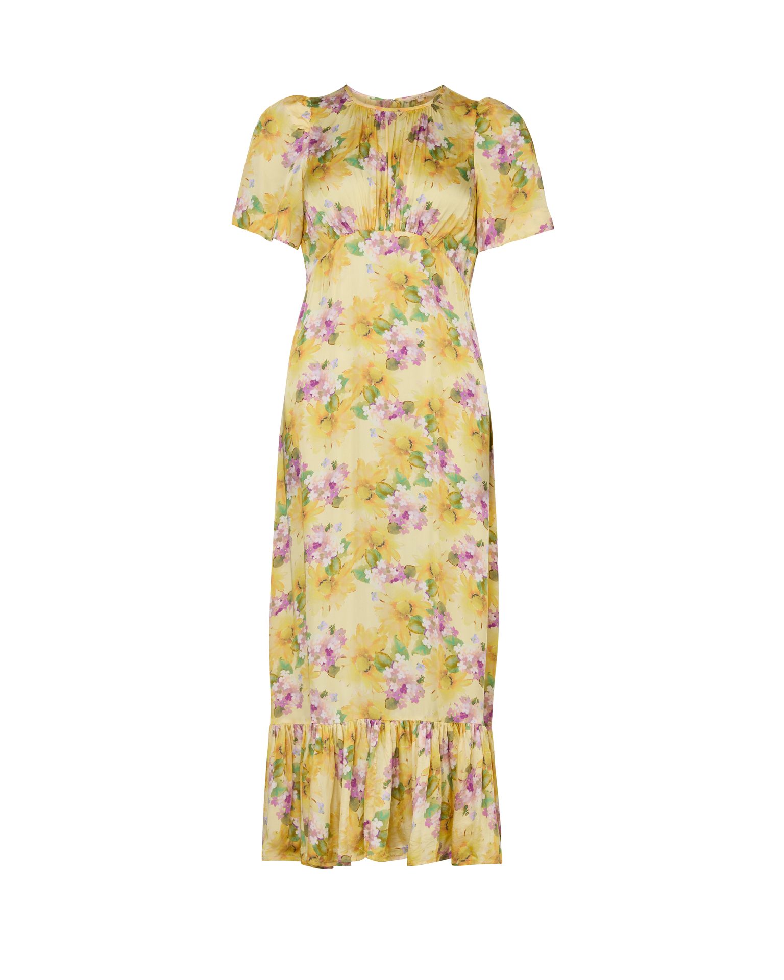 A yellow floral maxi dress with short sleeves, a ruched neckline, and a ruffled hem.