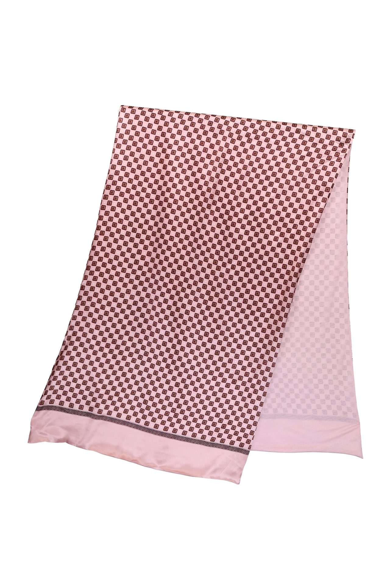Folded light pink scarf with a dark brown geometric square pattern.