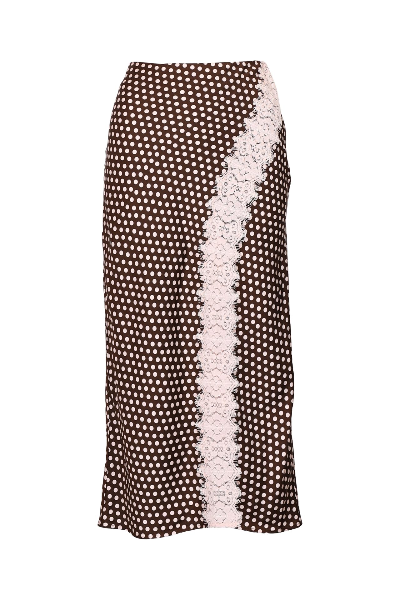 Brown polka dot midi skirt with an off-center pink lace panel.
