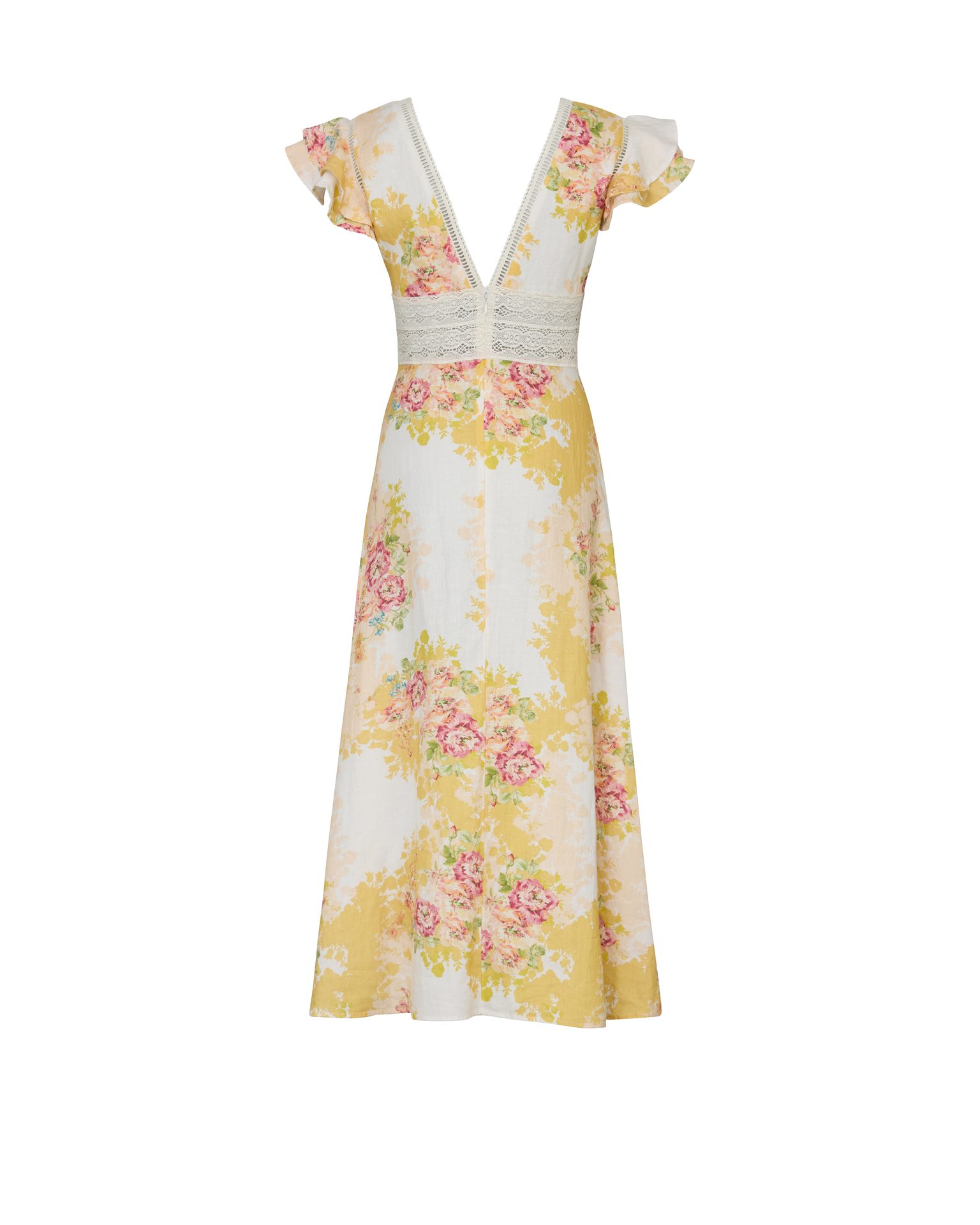 White and yellow floral maxi dress with V-neck, short sleeves, and lace trim.