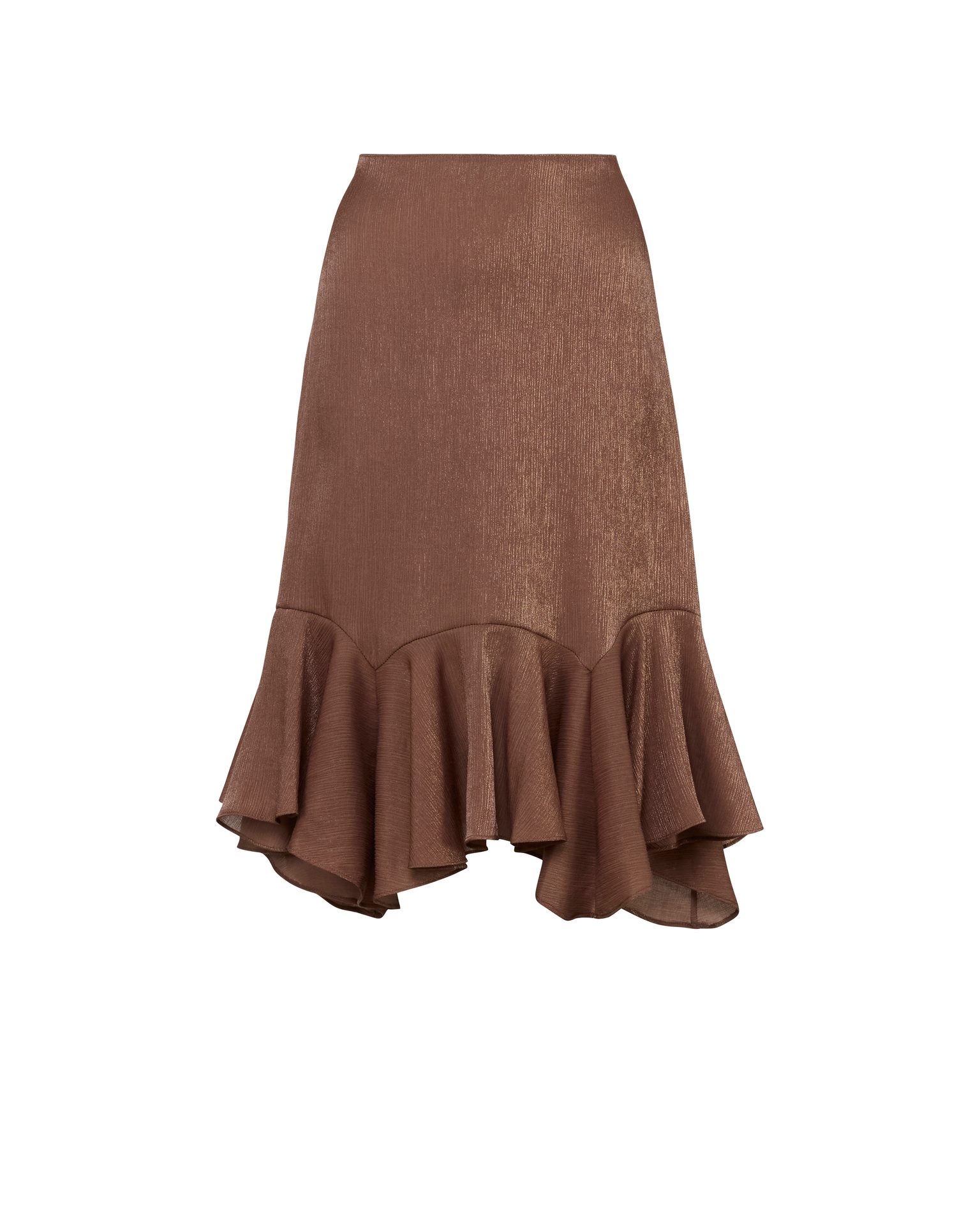 Shimmering brown midi skirt with an asymmetric ruffled hem.