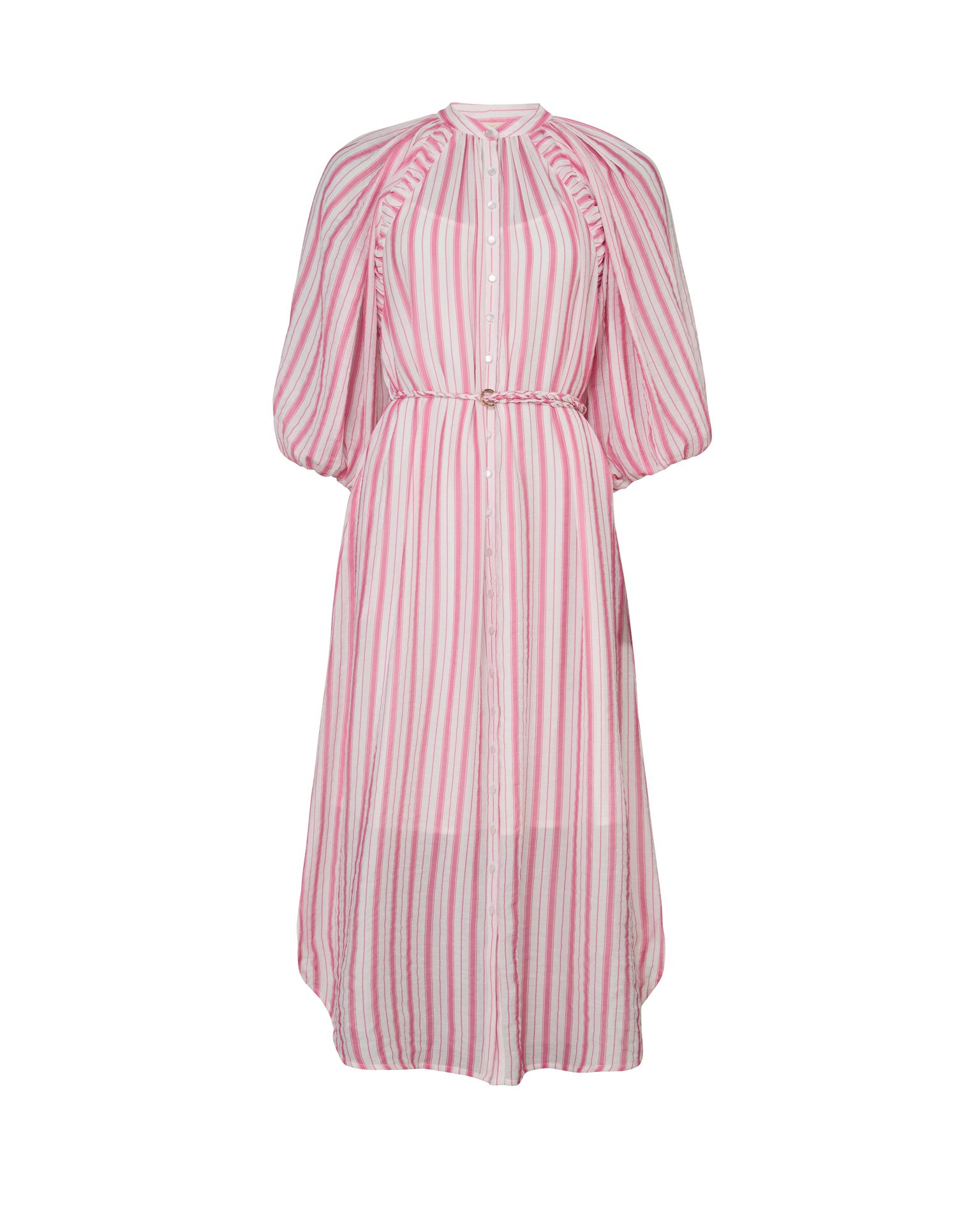 Pink and white striped midi dress with puff sleeves and braided belt.