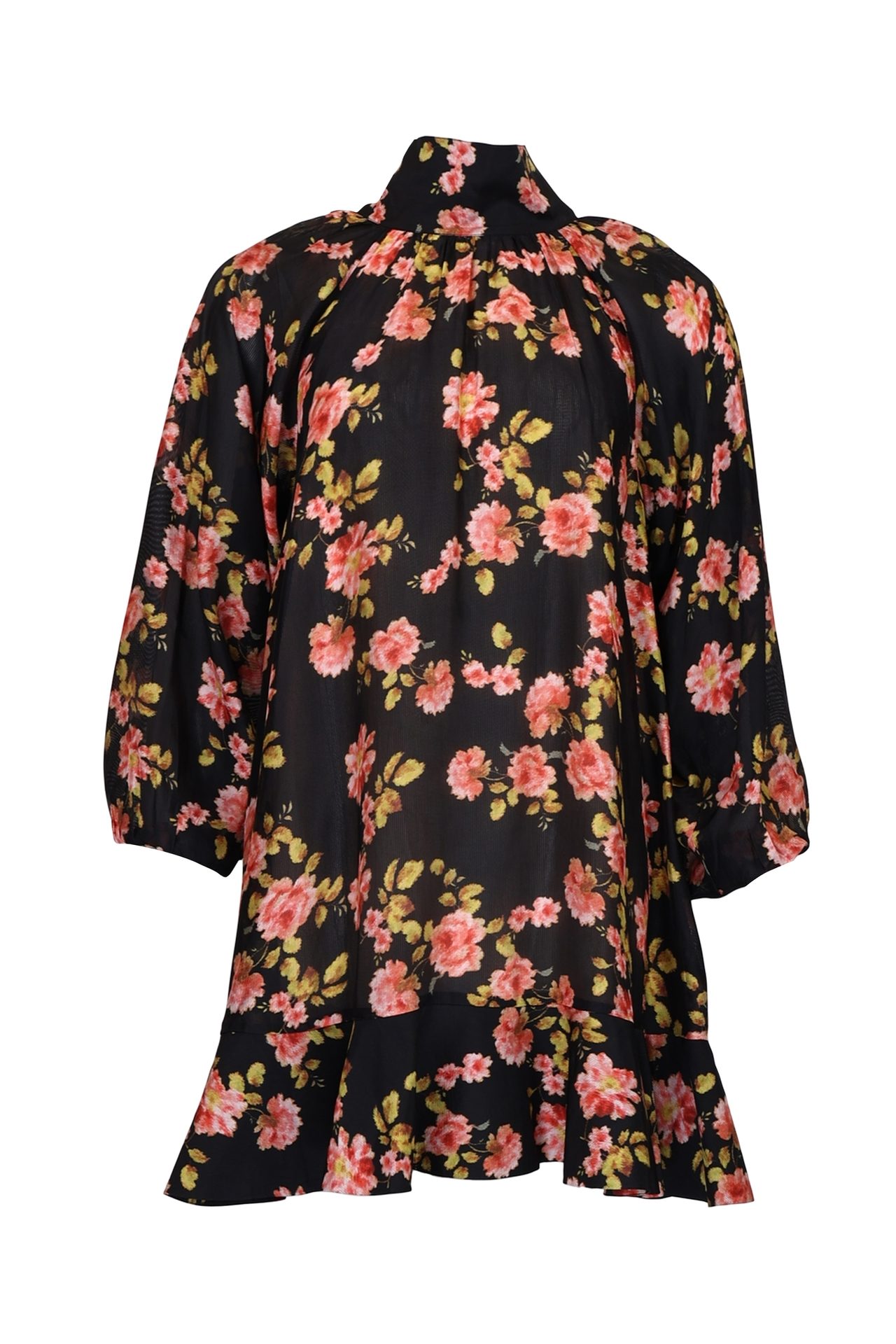 Black mock-neck top with pink-yellow floral print, puffed 3/4 sleeves, and ruffled hem.