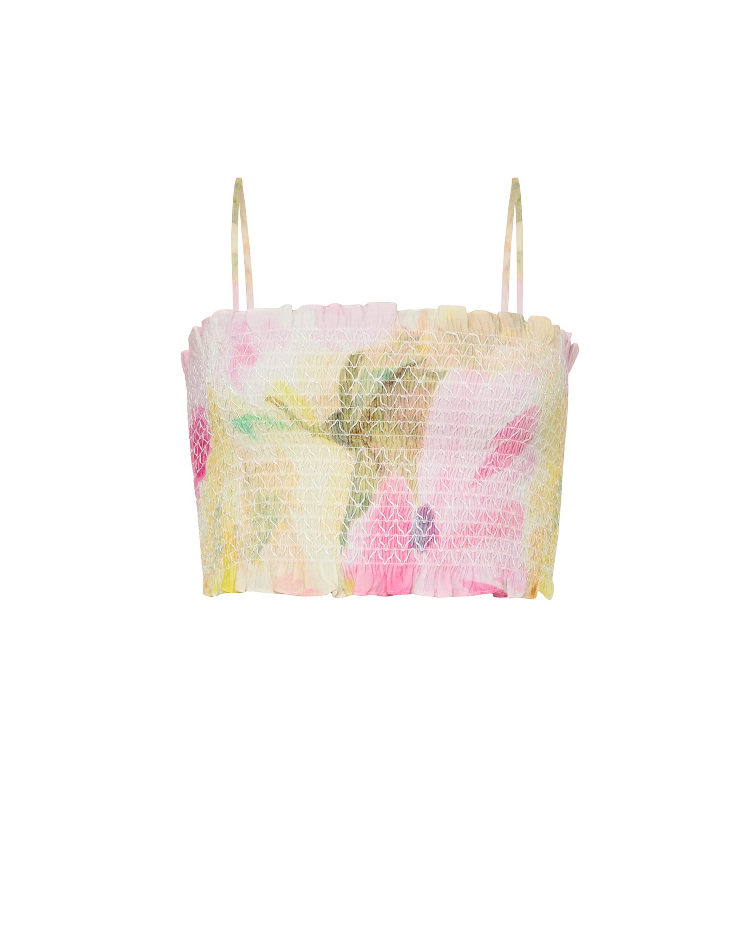 Pastel floral smocked crop top with spaghetti straps.