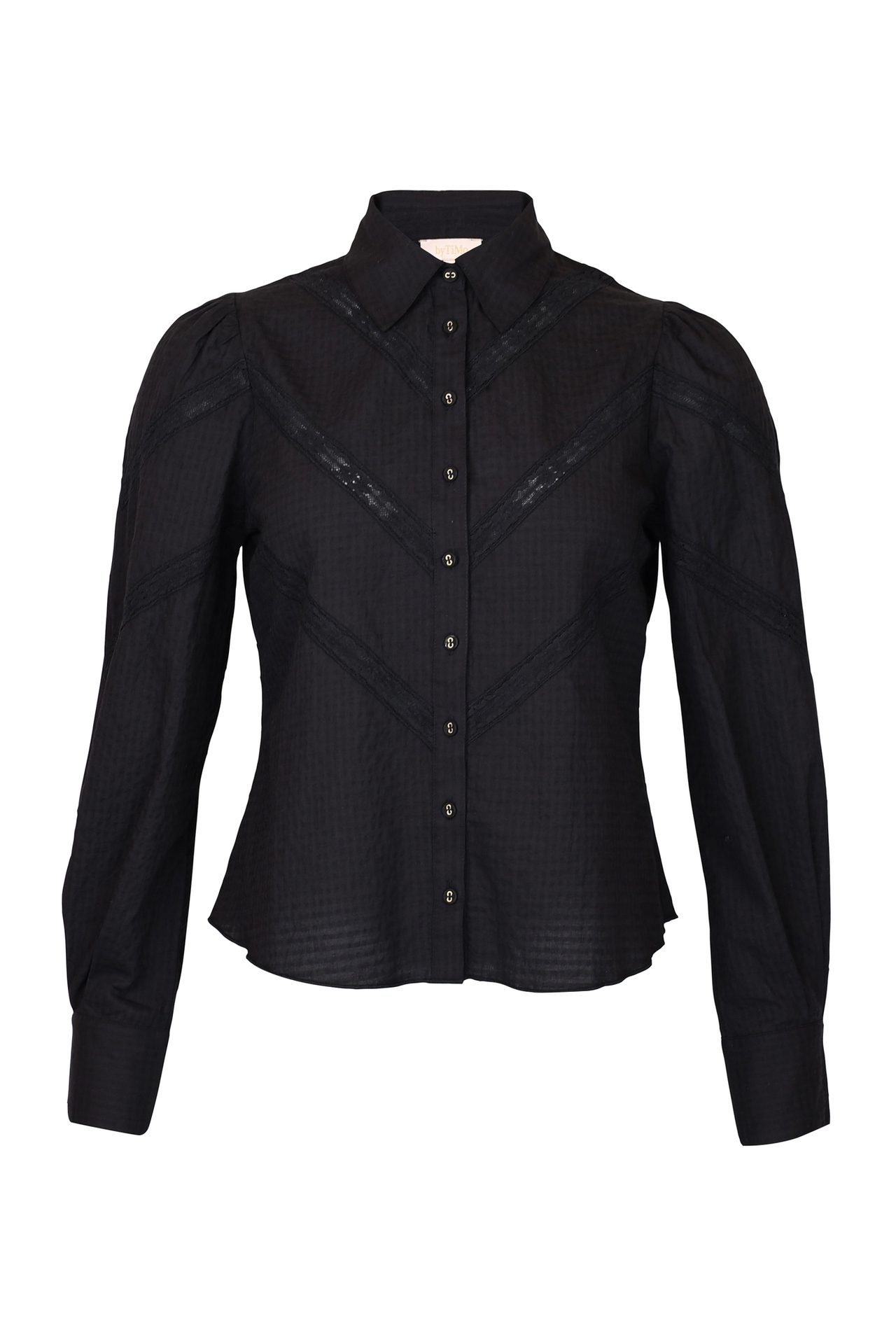 Black button-up blouse with puffed sleeves and chevron lace.