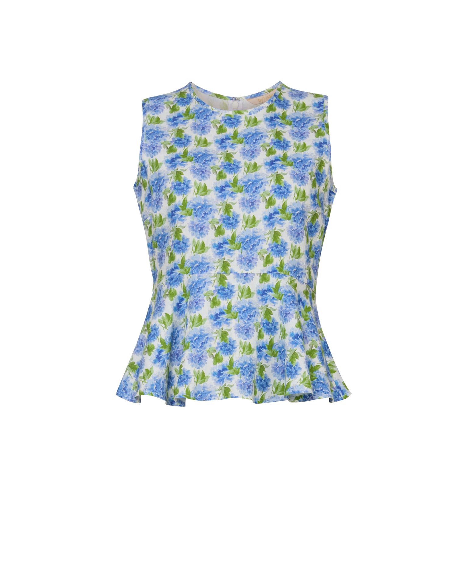 White sleeveless peplum top with blue floral and green leaf print.