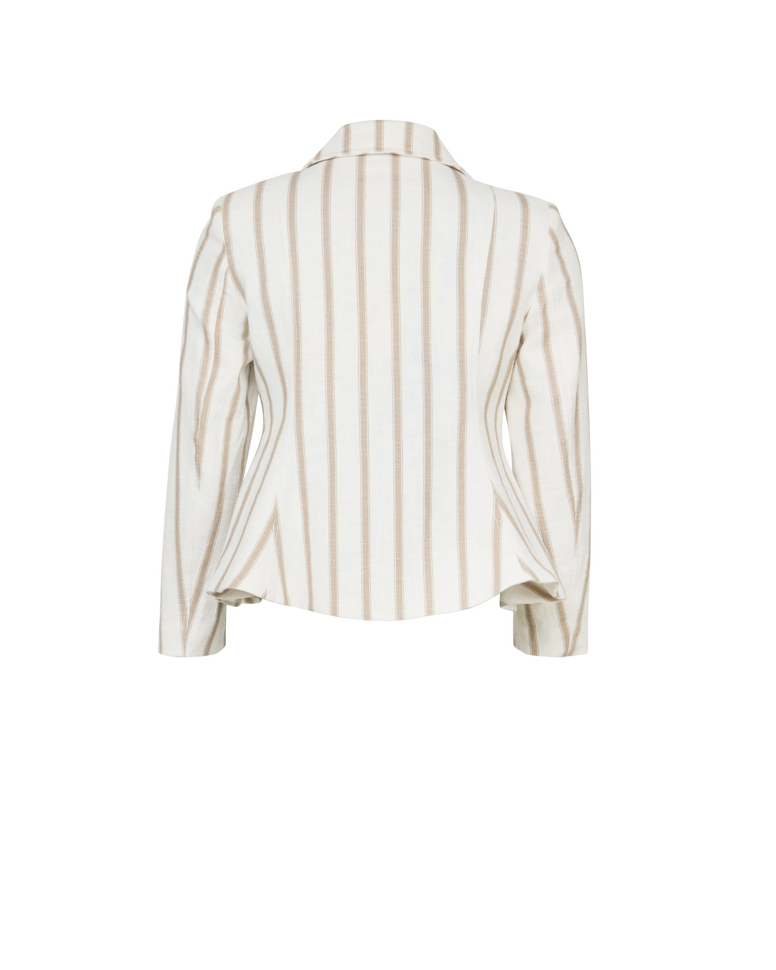 Back view of a white blazer with vertical beige stripes.