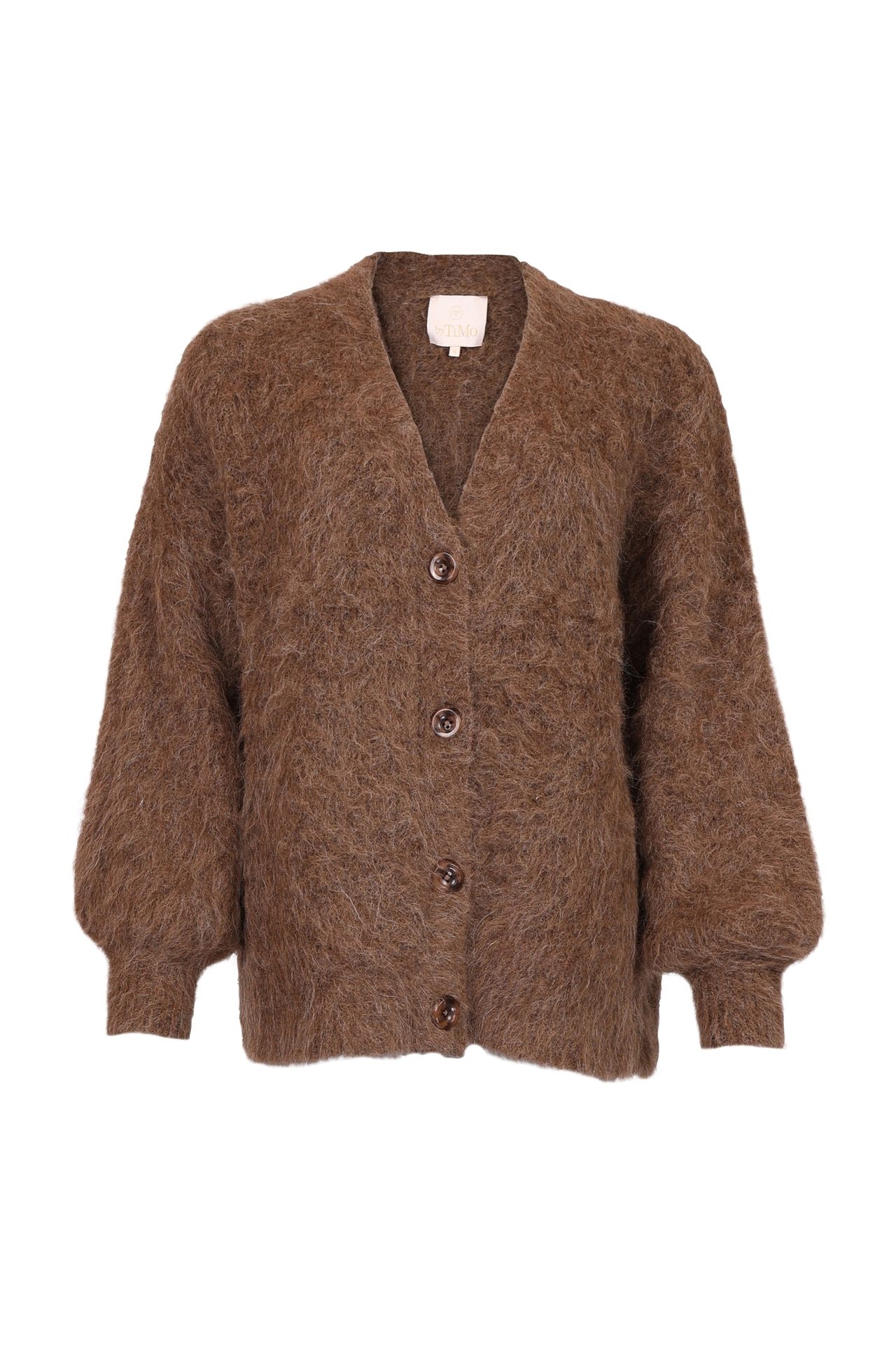 Brown fuzzy V-neck cardigan with front buttons and puffed sleeves.
