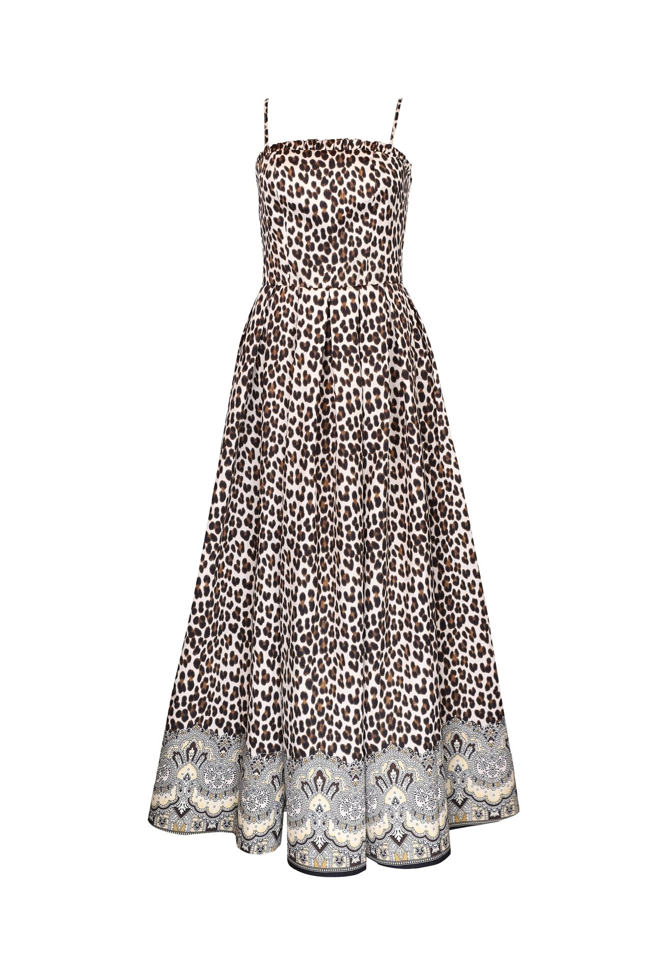 Strappy leopard print midi dress with ornate patterned hem.