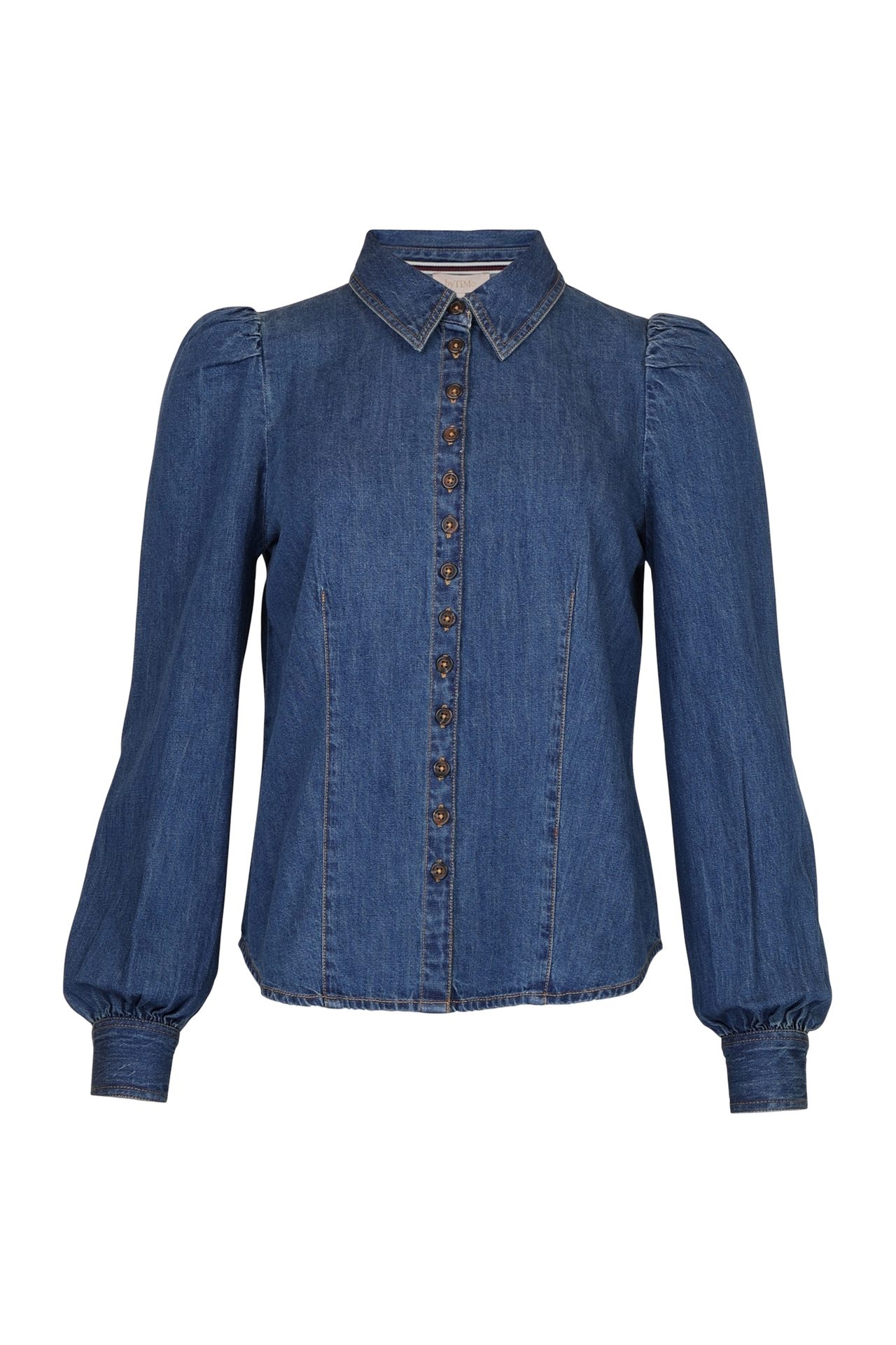 Blue denim shirt with puffed long sleeves, elasticated cuffs, and button front.