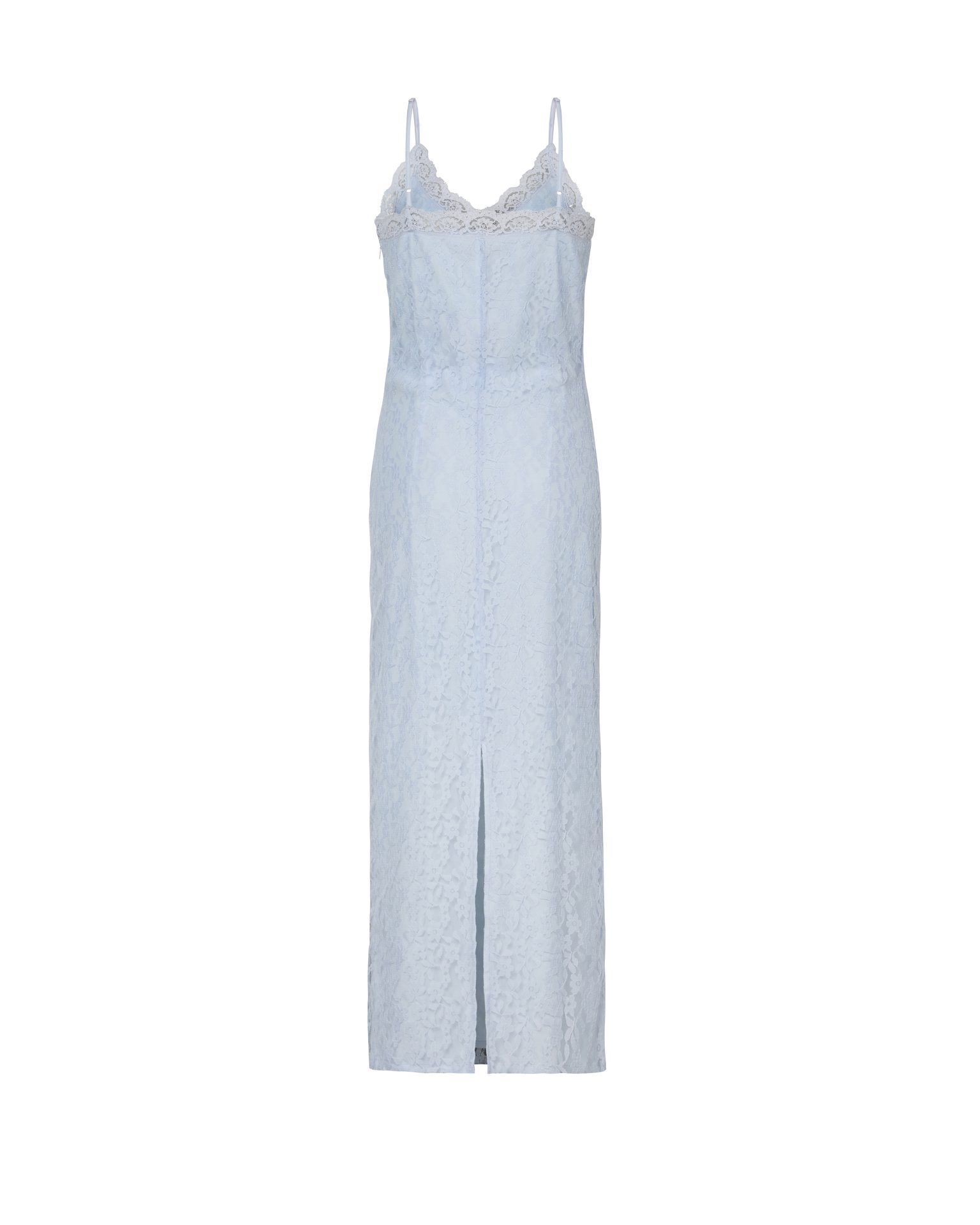 Light blue lace maxi slip dress with spaghetti straps and front slit.