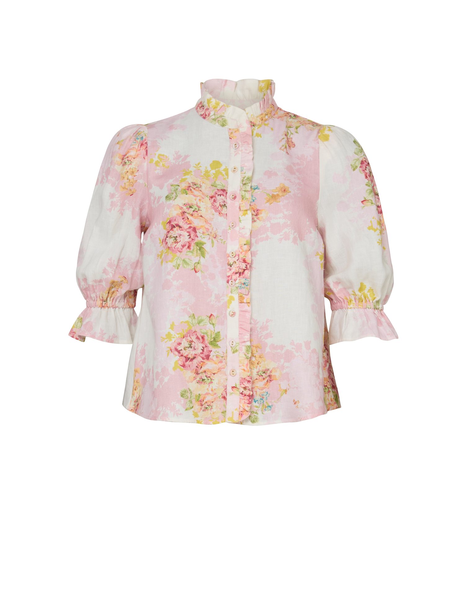 Pink and white floral blouse with ruffled high collar, button-down front, and puffy 3/4 sleeves.