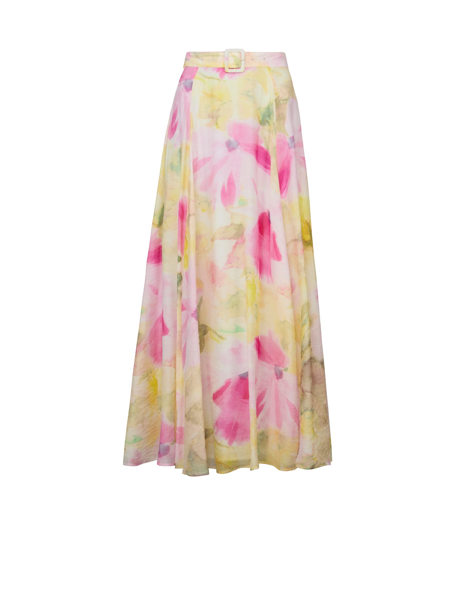 Pink and yellow watercolor floral belted maxi skirt.