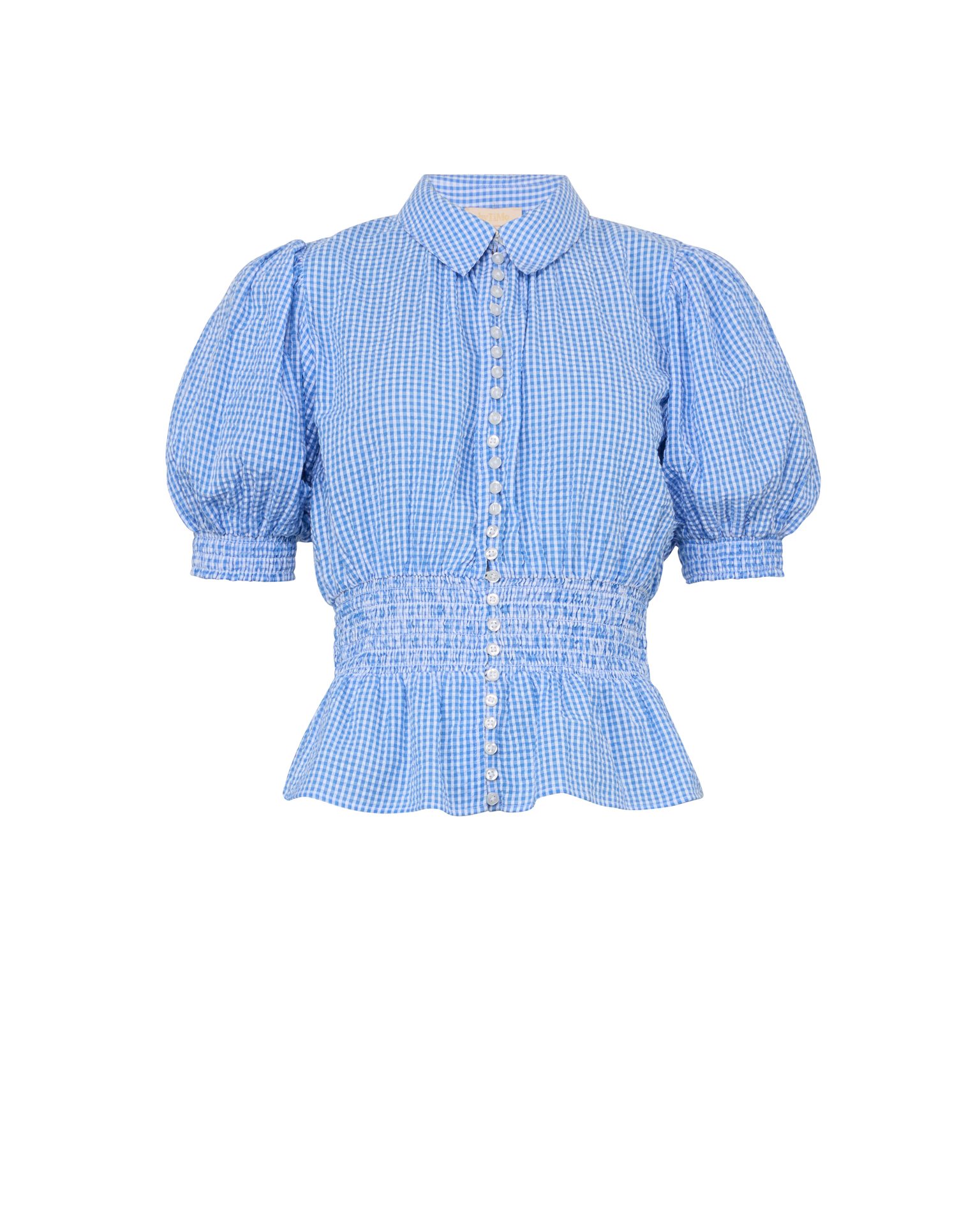 Blue gingham puff-sleeve top with collar, shirred waist, peplum, and white buttons.