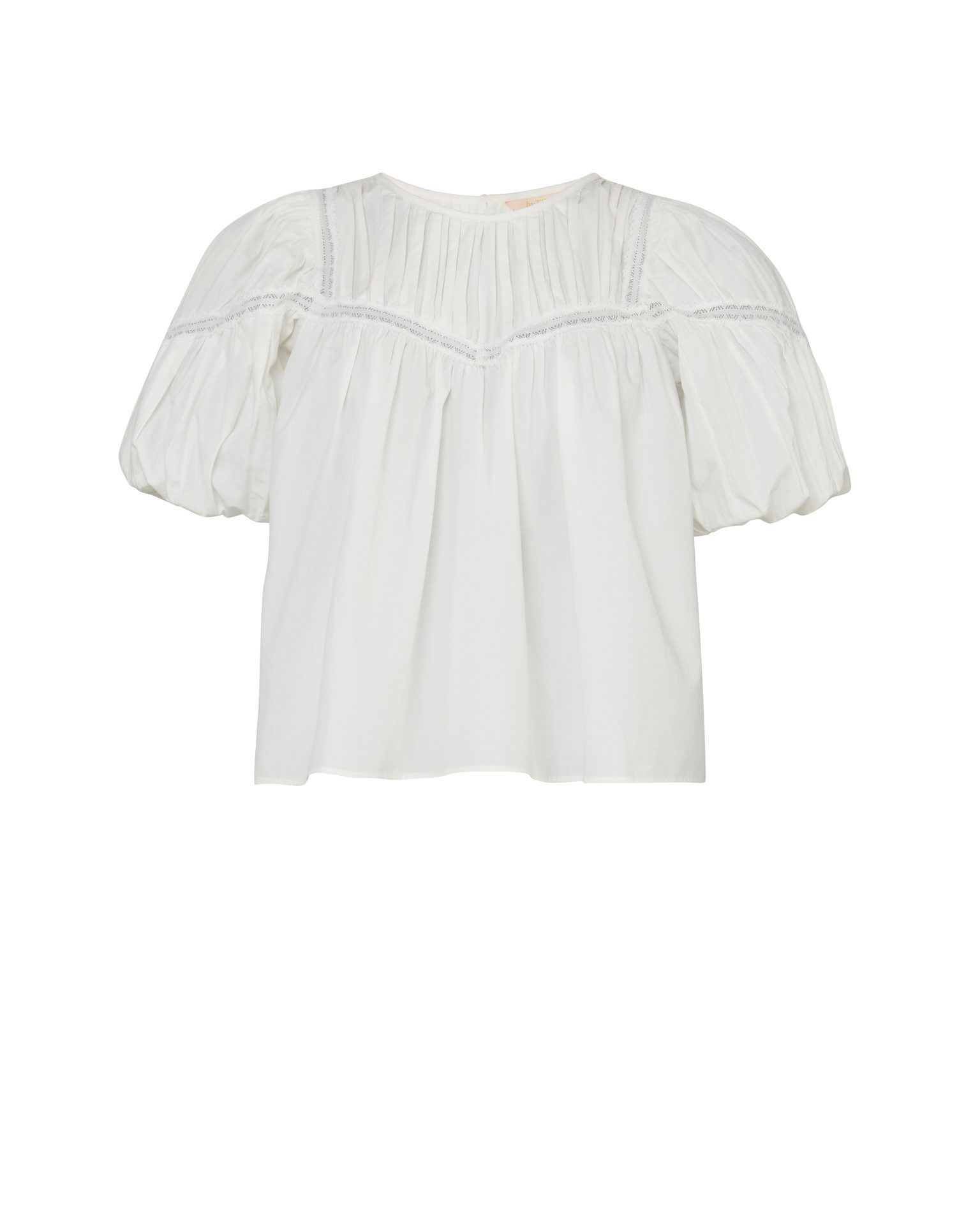 White puff-sleeve blouse with pleated bodice and delicate lace trim.