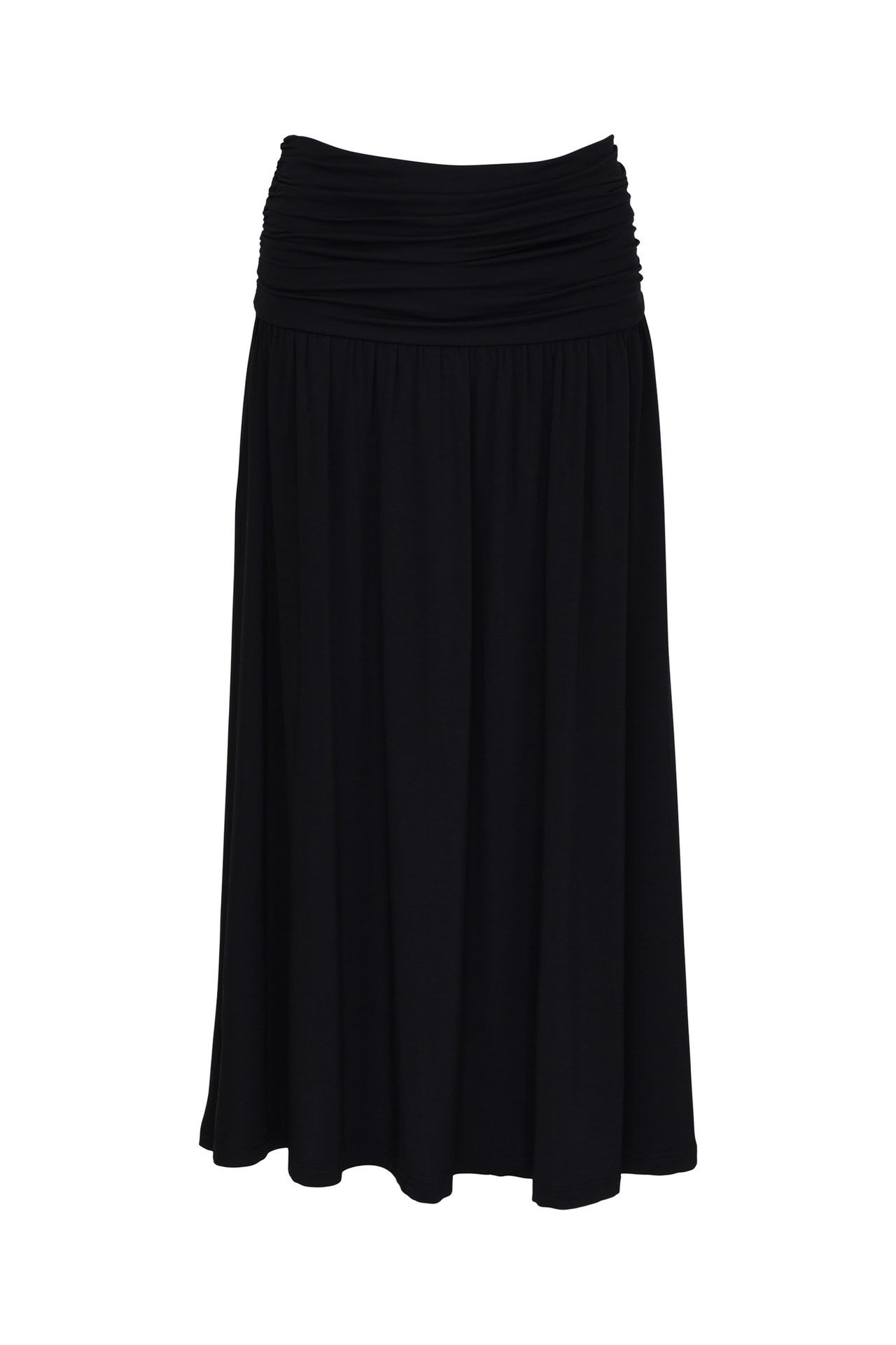 Black midi skirt with a ruched waistband.