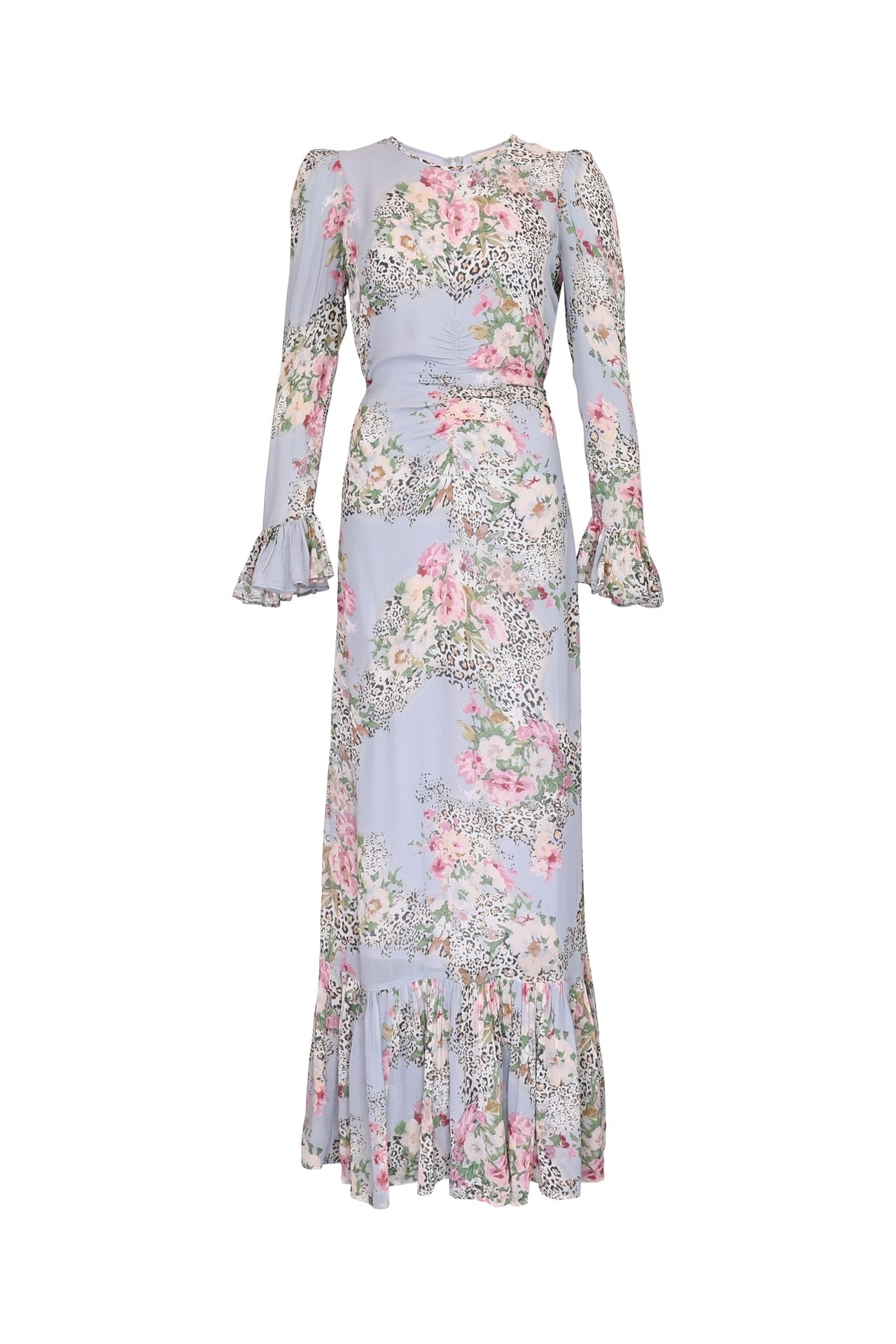 Light blue maxi dress with pink floral and leopard print, long ruffled sleeves.