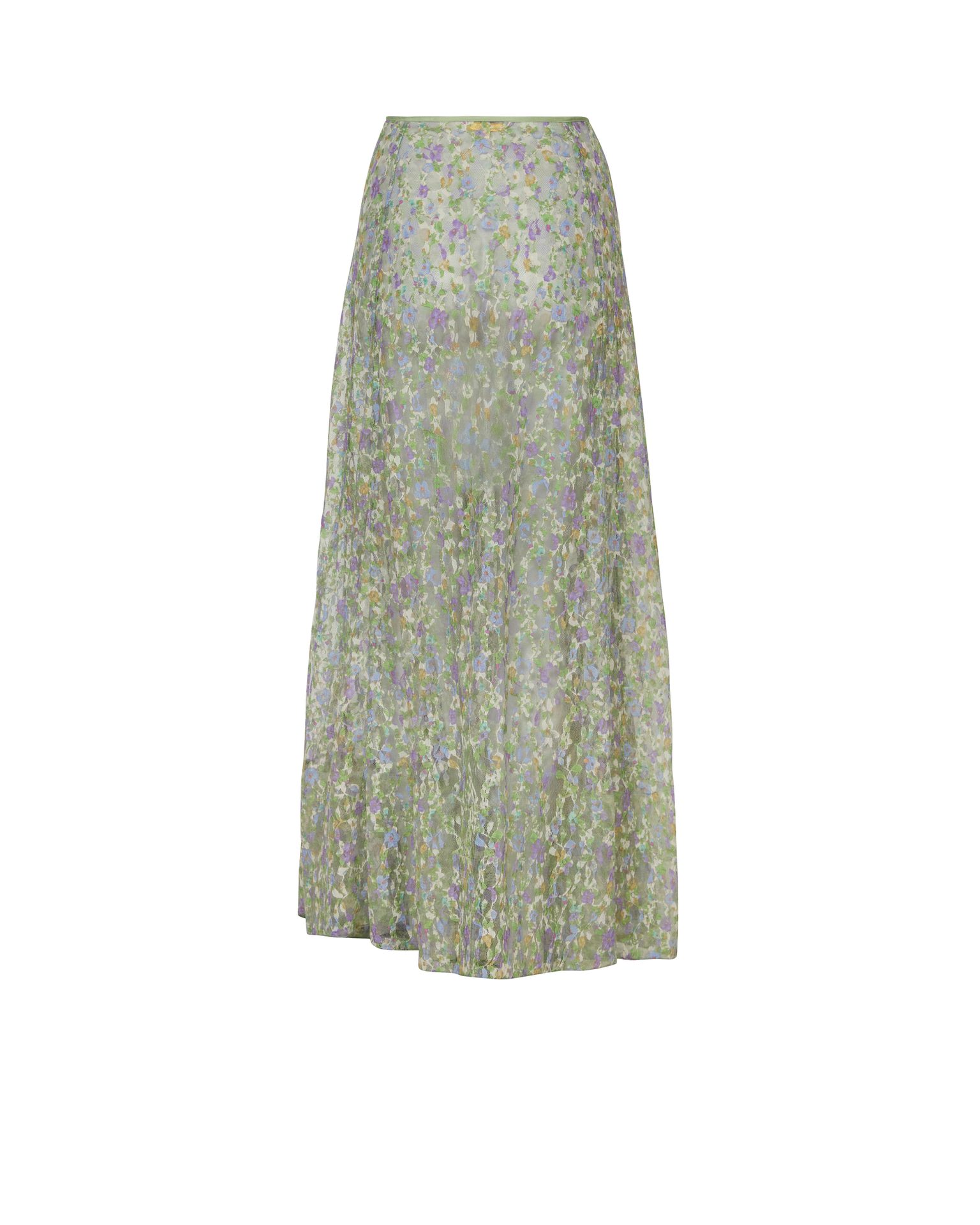 Light green sheer floral maxi skirt with small purple, blue, and yellow flowers.
