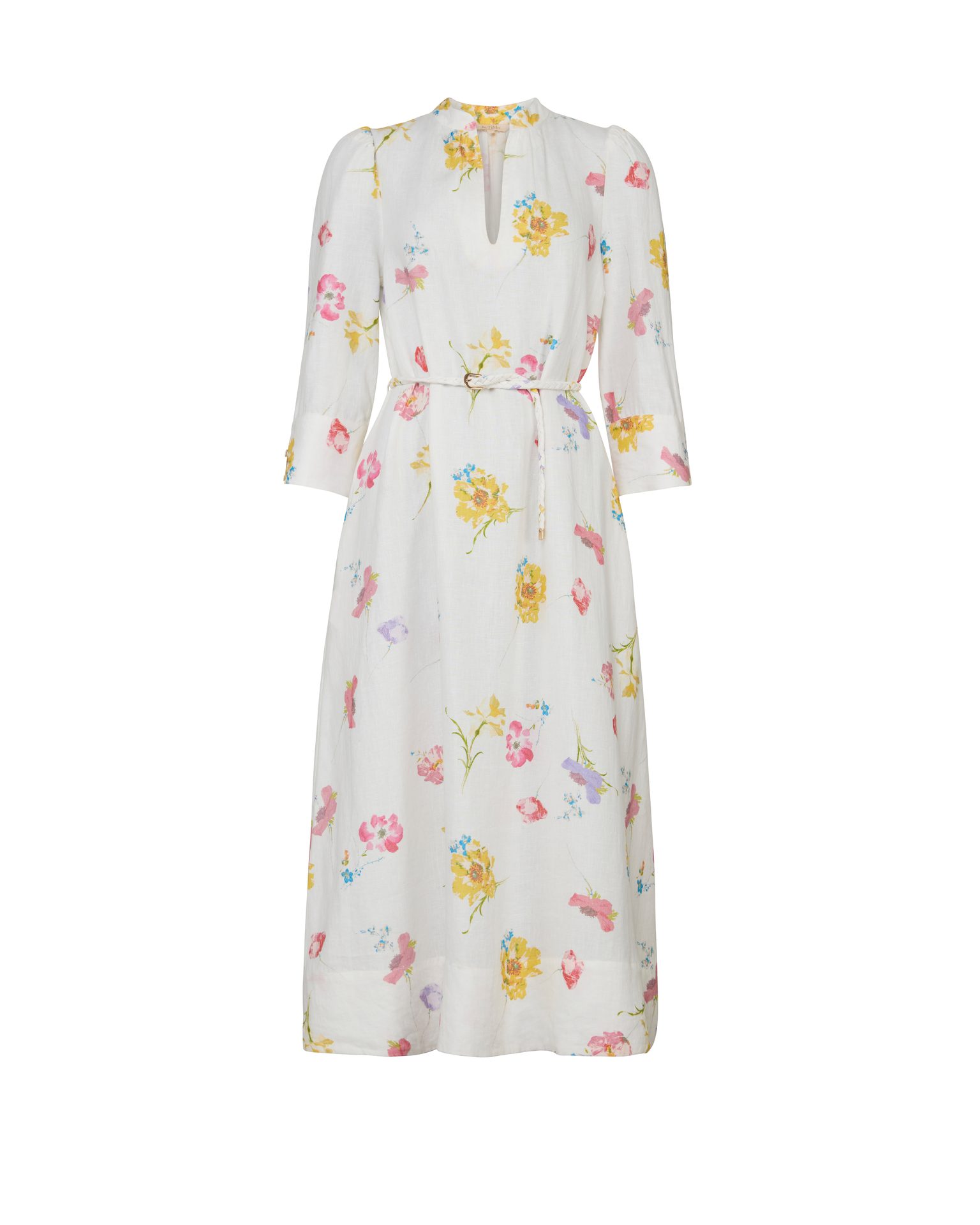 White linen midi dress with colorful floral print, V-neck, collar, elbow sleeves, and tie belt.