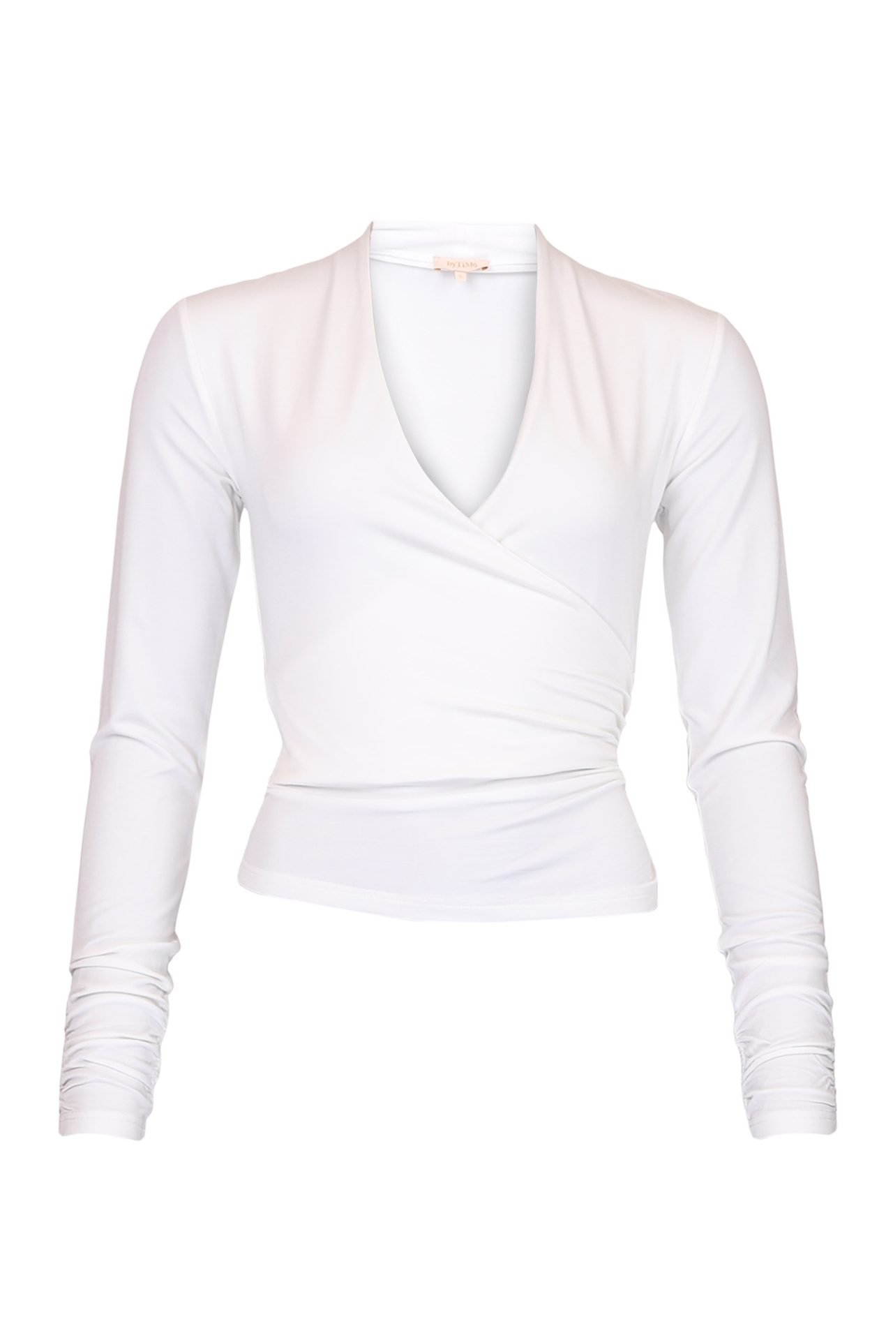 White long-sleeve wrap top with a V-neck.