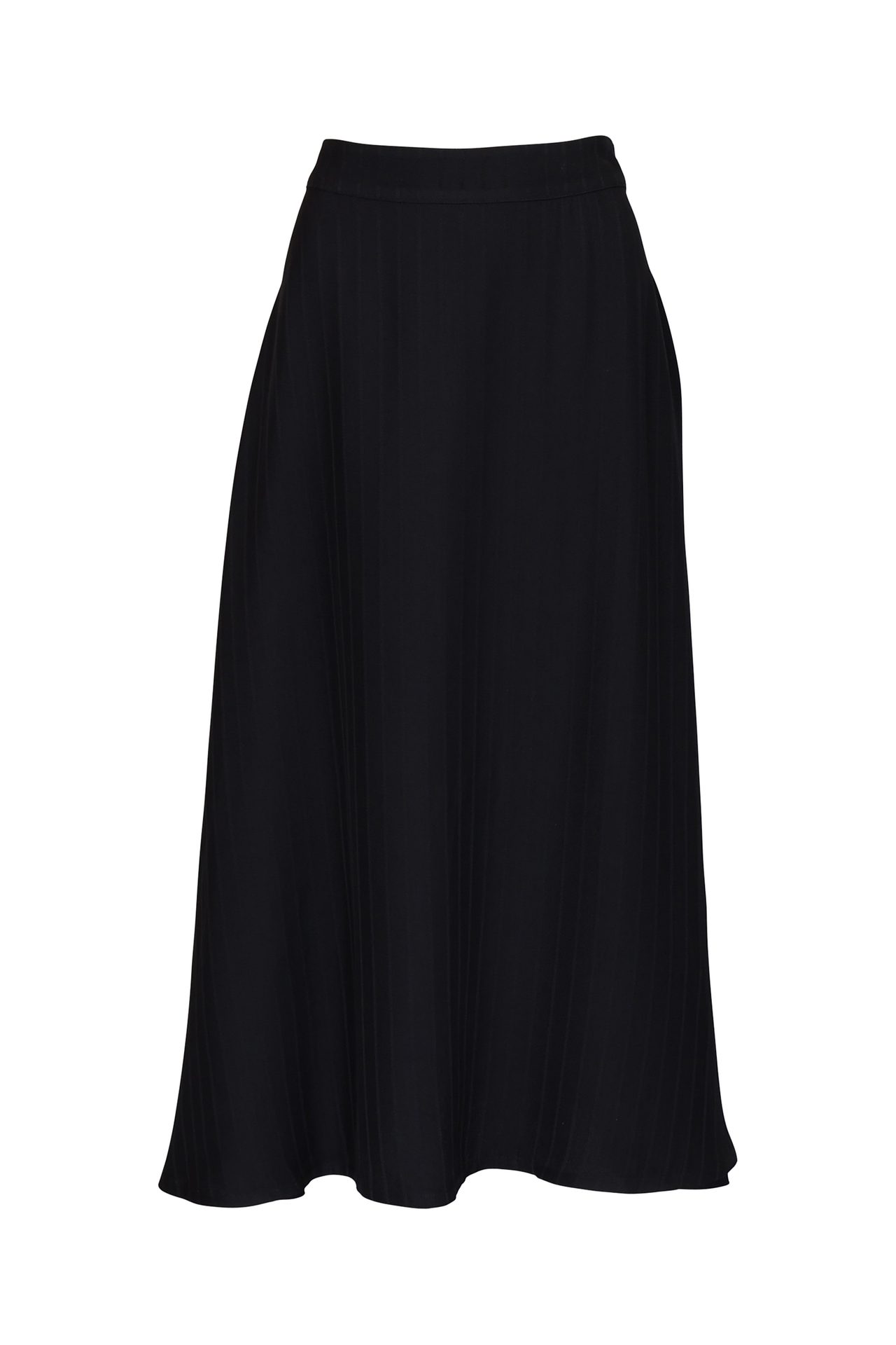 Black A-line skirt with subtle vertical pleats and a flat waistband.