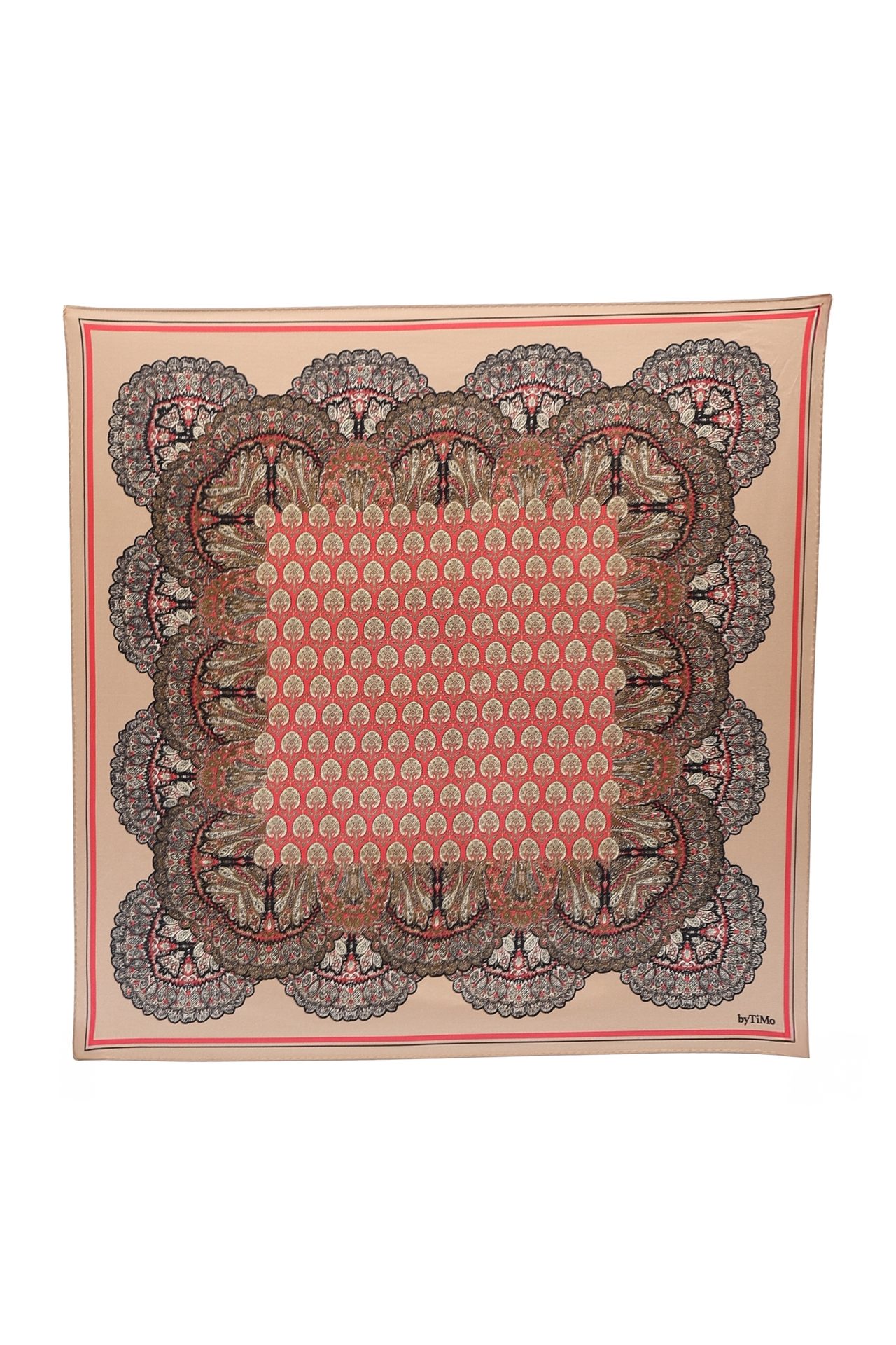 Beige square scarf with intricate red and black paisley patterns framing a coral red center with small motifs. by TIMo logo.
