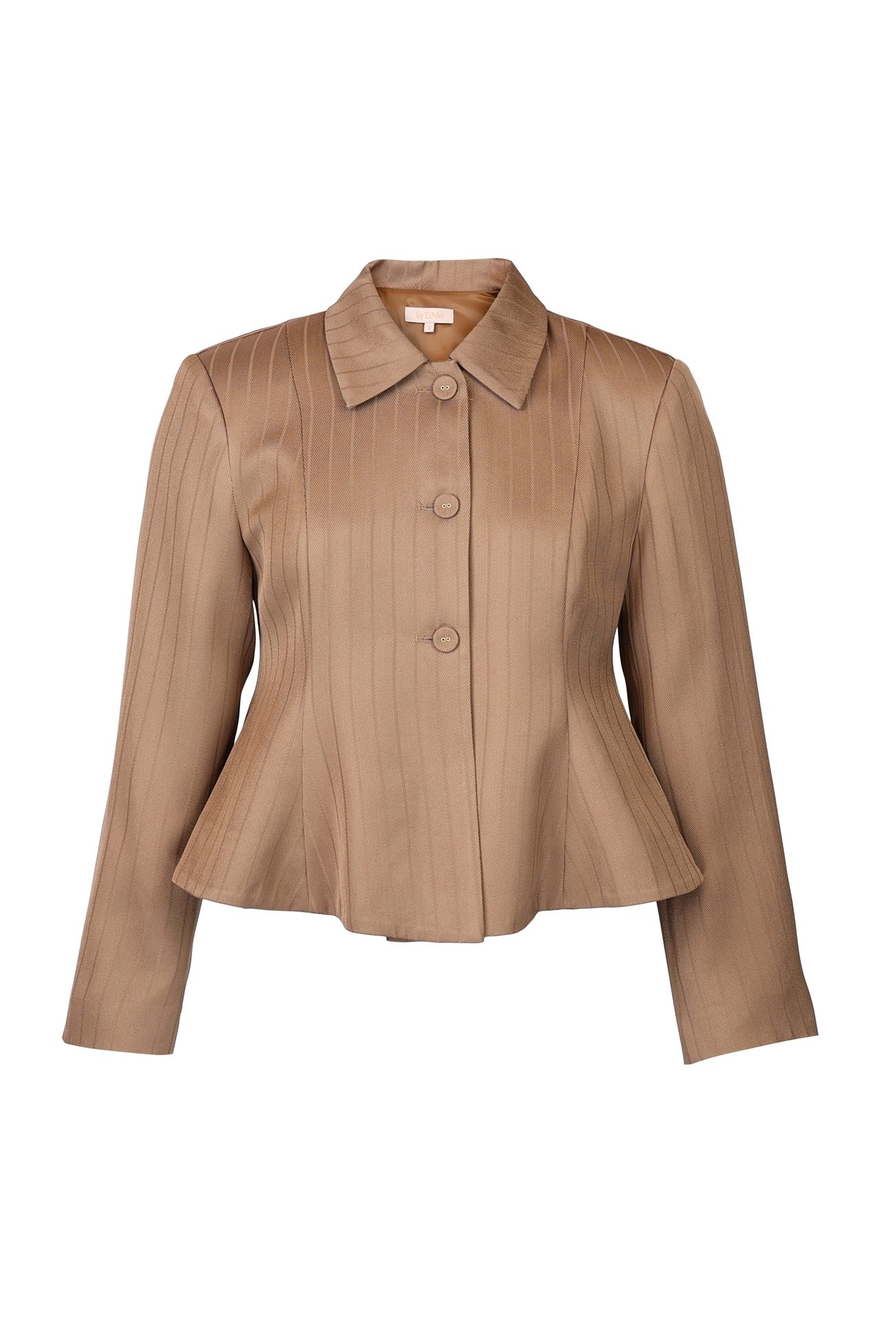Tan peplum jacket with vertical texture, collar, and front buttons.