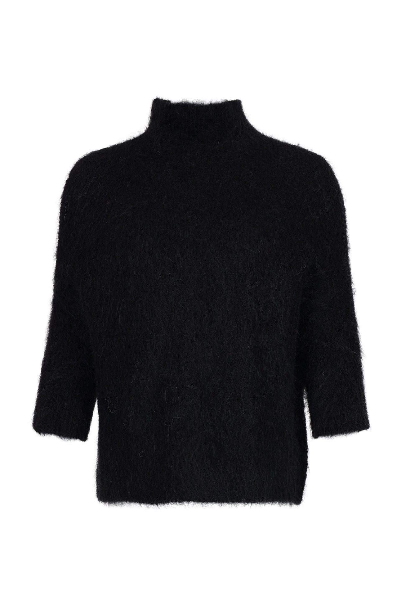 Black fuzzy cropped 3/4 sleeve turtleneck sweater.