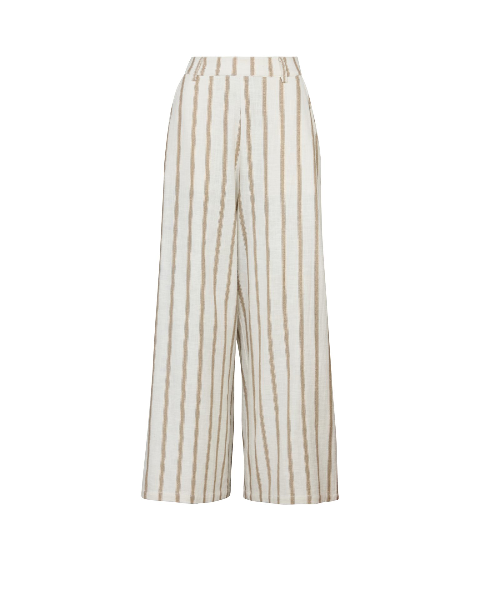 White wide-leg pants with tan vertical stripes.
