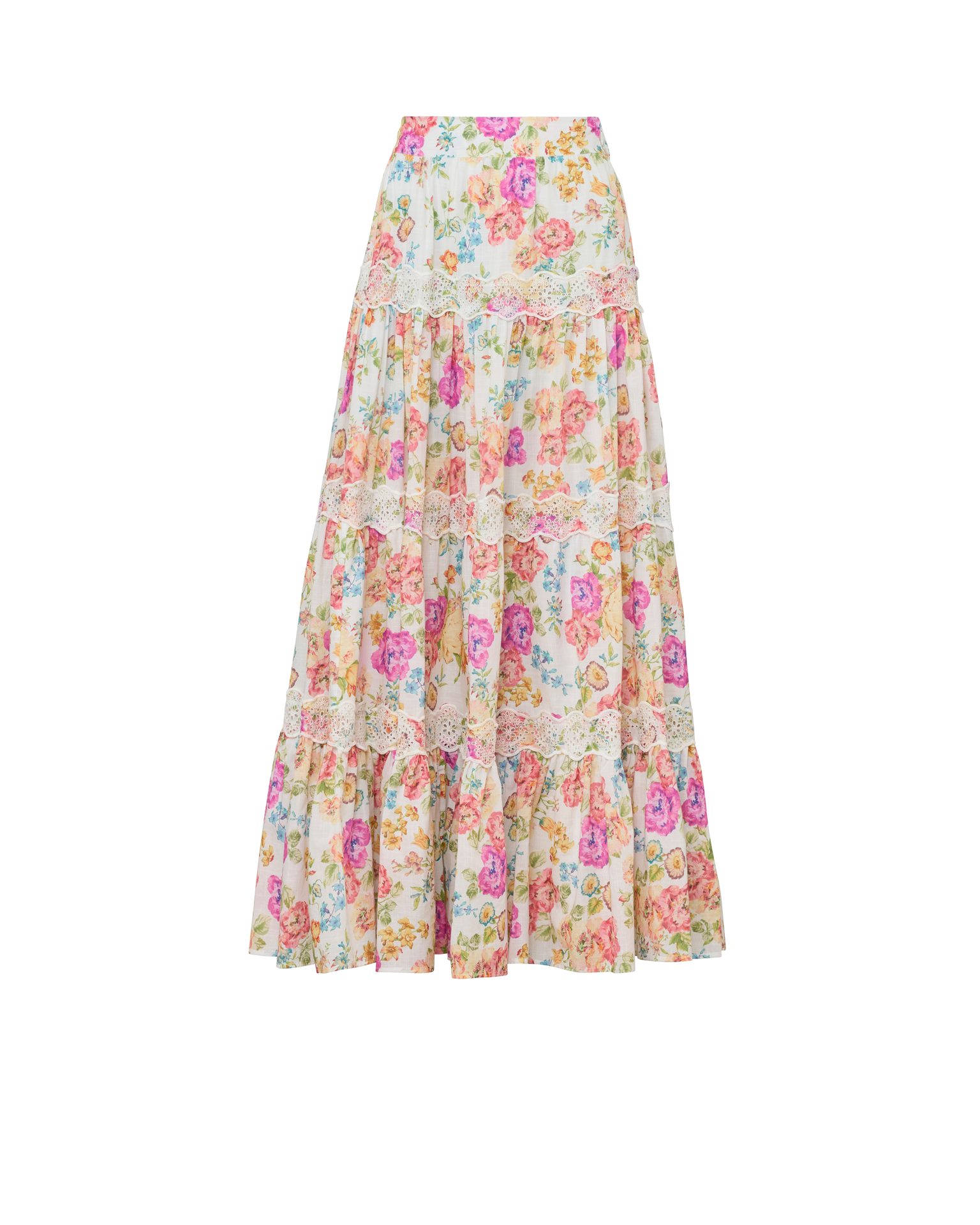 White tiered floral maxi skirt with colorful flowers and lace trim.