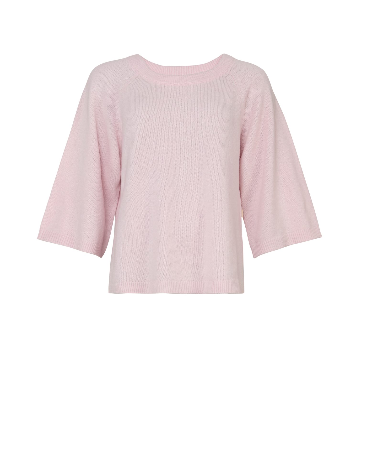 Light pink, round neck, 3/4 sleeve knit sweater.