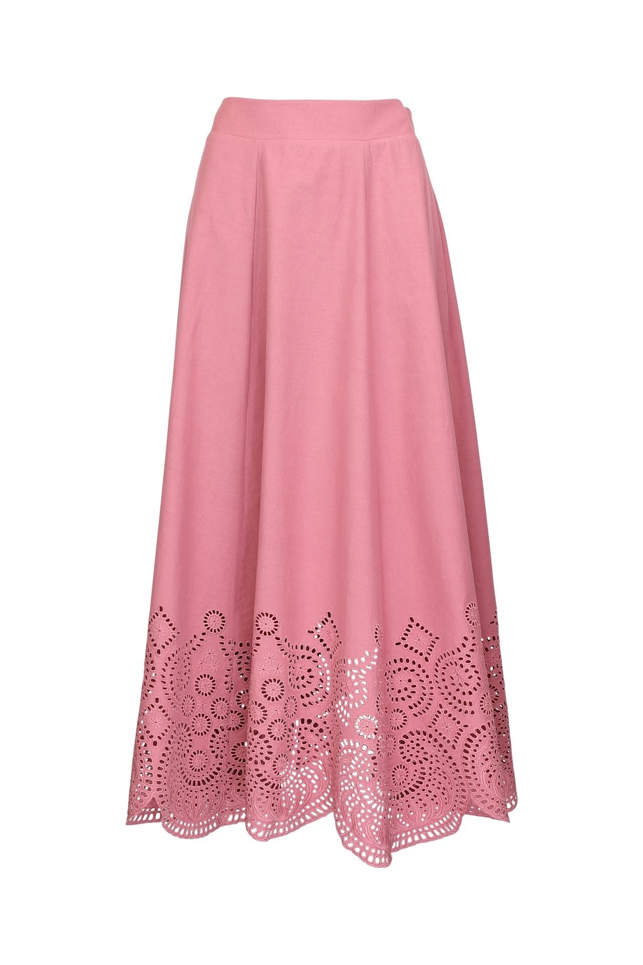 Flowy pink midi skirt with intricate laser-cut scallop hem design, displayed on a white background.