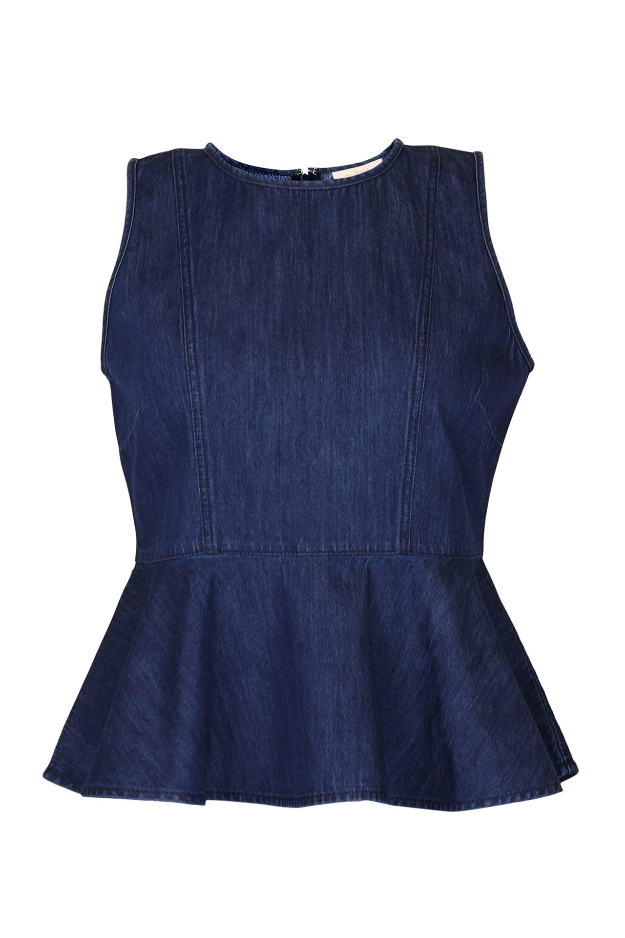 Sleeveless dark blue denim peplum top.