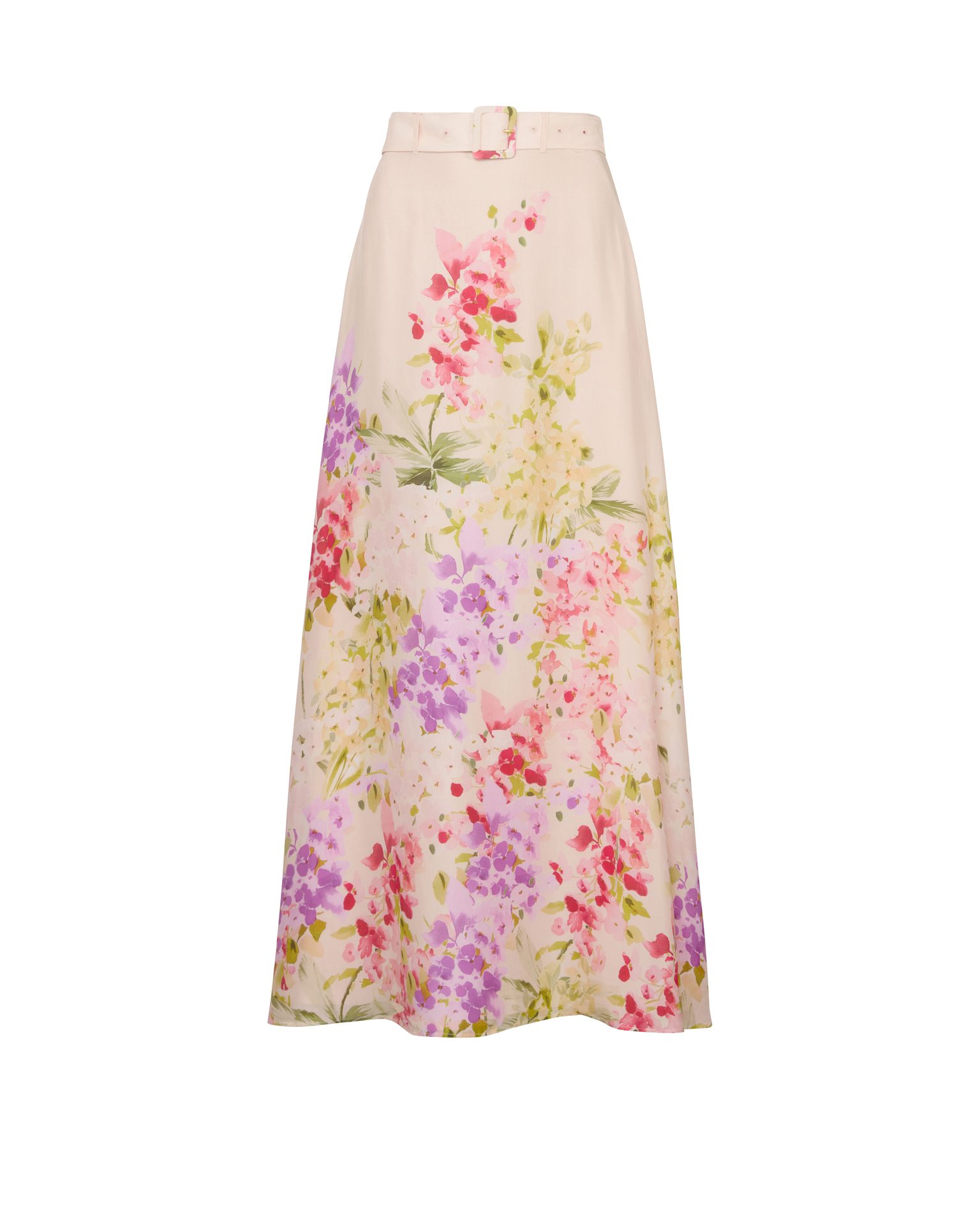 Cream maxi skirt with a colorful floral print in pink, purple, and green, belted.
