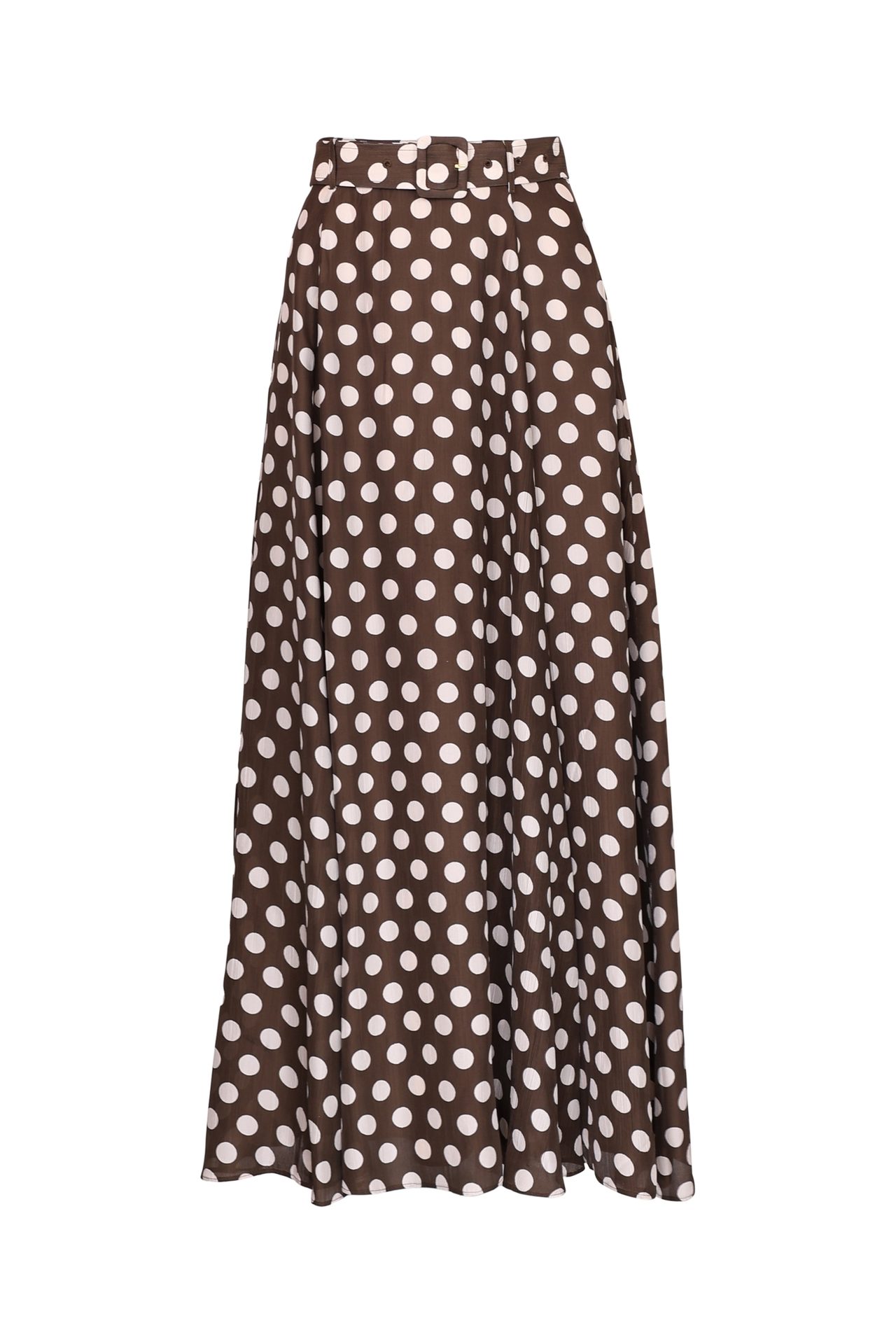 Brown polka dot maxi skirt with a belt.