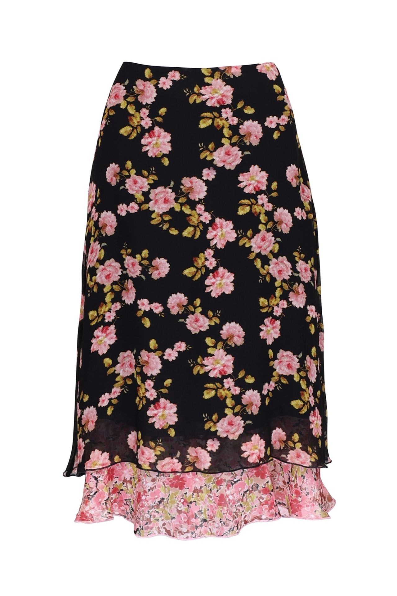 Black floral skirt with pink roses, green leaves, and layered pink floral hem.